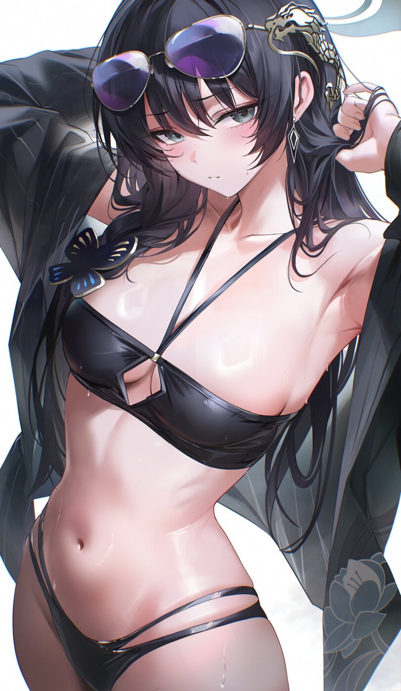 1girls, absurd res, bare midriff, bikini, black, black bikini, blue archive, female, glasses, hair, kisaki (blue archive), navel, open jacket, re0n, skinny waist, small breasts, solo, tummy