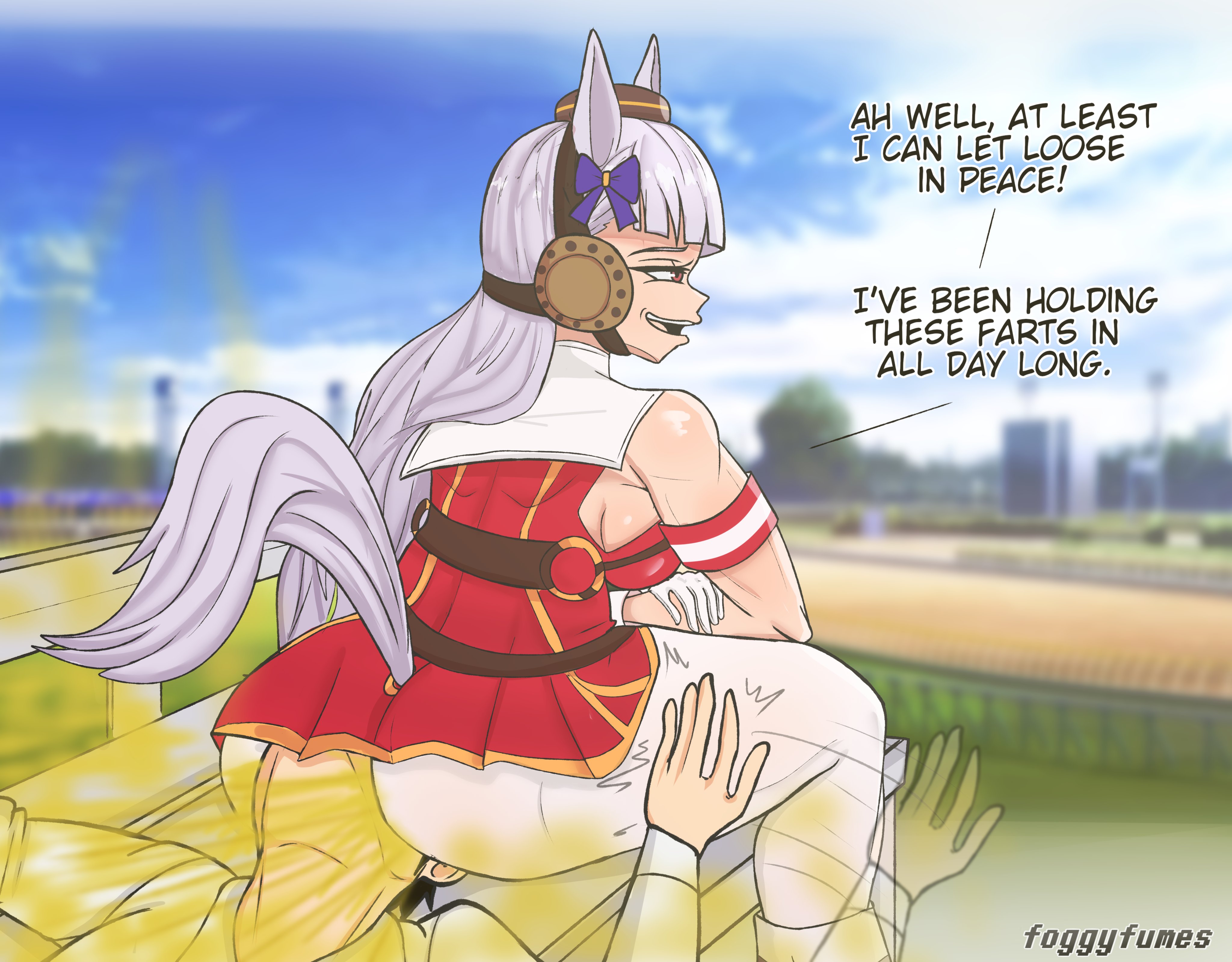1boy, 1boy1girl, 1girl, 2d, 2d (artwork), clothed, english, english text, facing away, fart, fart cloud, farting, farting in face, farting on face, foggyfumes, gold ship (umamusume), hand on another's ass, hand on ass, sitting on face, tagme, umamusume