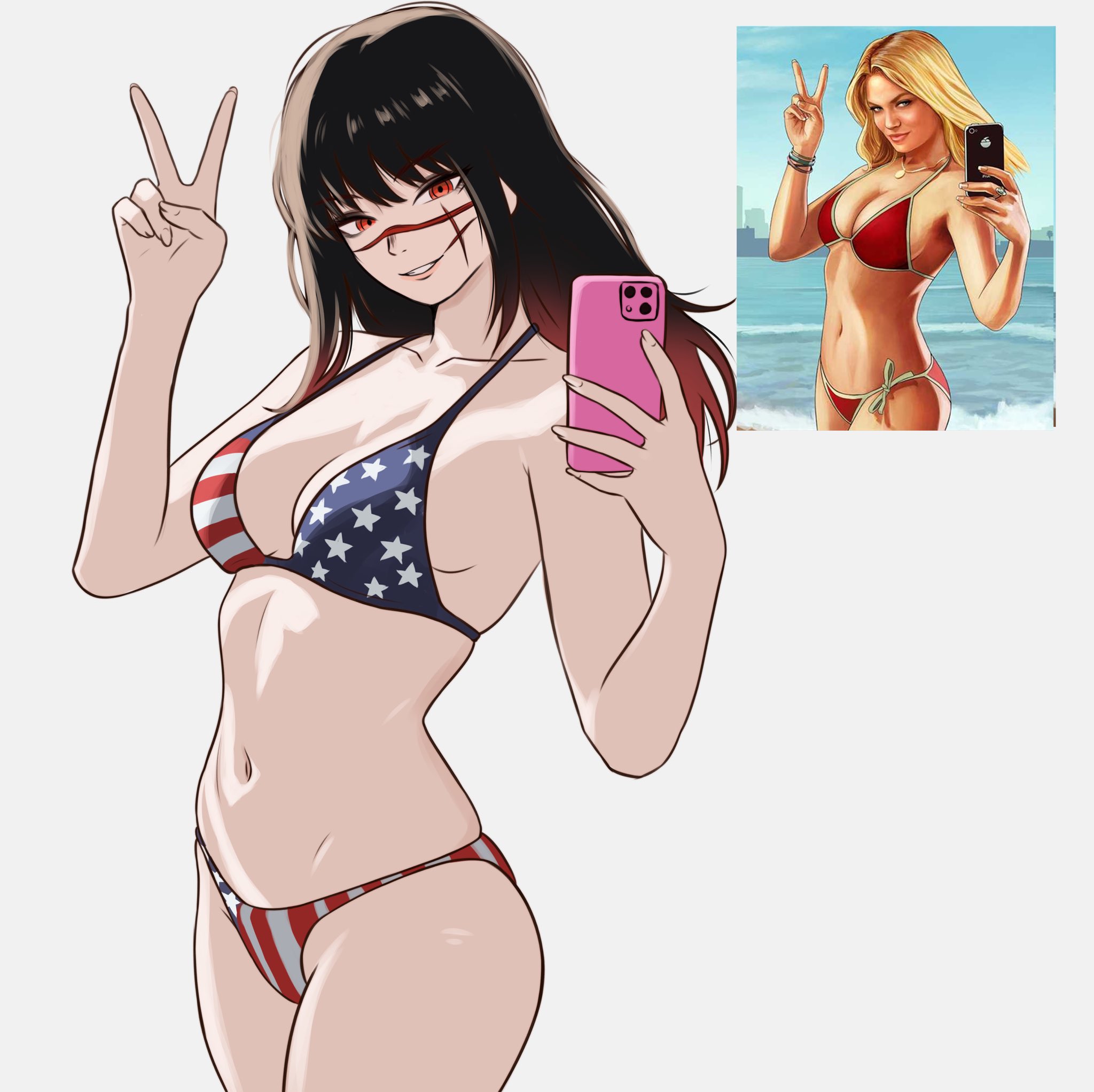 1girls, american flag bikini, bikini, black hair, breasts, chainsaw man, cleavage, female, female only, grand theft auto, grand theft auto v, gtav cover girl, medium breasts, mitaka asa, mothdropcrowla, navel, peace sign, phone, red eyes, reference image, scar, scar on face, selfie, slim waist, solo, solo female, spiral eyes, white background, yoru (chainsaw man)