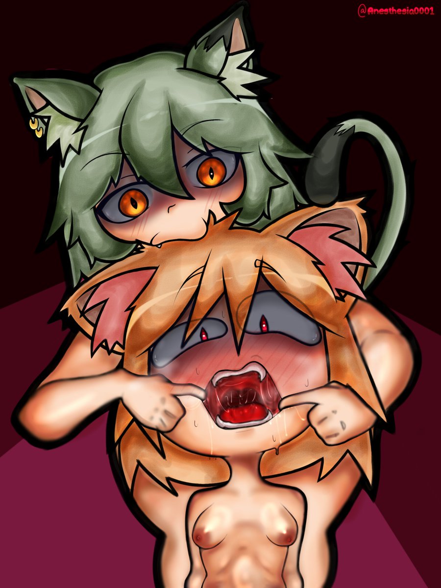 2girls, biting, biting hair, blush, breasts, cat ears, cat tail, catgirl, chainsmoker cat, drooling, female focus, female only, fingers in mouth, looking at viewer, melty blood, naked, naked female, neco-arc, open mouth, satou yaniko, secretly loves it, small breasts, thighs, wet mouth, yani neko