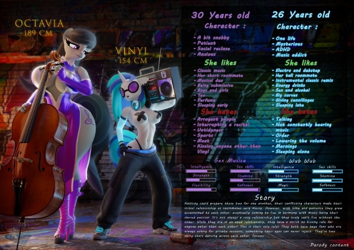 2026, 2girls, 3d, 3d (artwork), big female, black hair, black pants, cello, character profile, character sheet, cleavage, dress, duo, elbow gloves, equine, fanart from twitter, female only, glasses, grey body, holding object, hooves-art, inner sideboob, larger female, musical instrument, my little pony, no ai, octavia melody, pasties, purple clothing, purple dress, radio, ref sheet, reference image, reference sheet, revealing clothes, revealing dress, size difference, smaller female, topless, vinyl scratch (mlp), violin, white body, x pasties