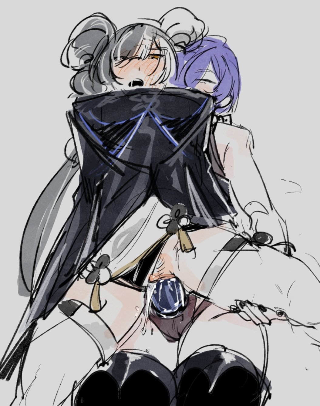 2girls, blush, blushing, dialyn (zenless zone zero), female, female only, mouth open, multiple girls, partially clothed, promeia (zenless zone zero), riding, riding strap-on, strap-on, strapon, sweeter kiwiis, yuri, zenless zone zero
