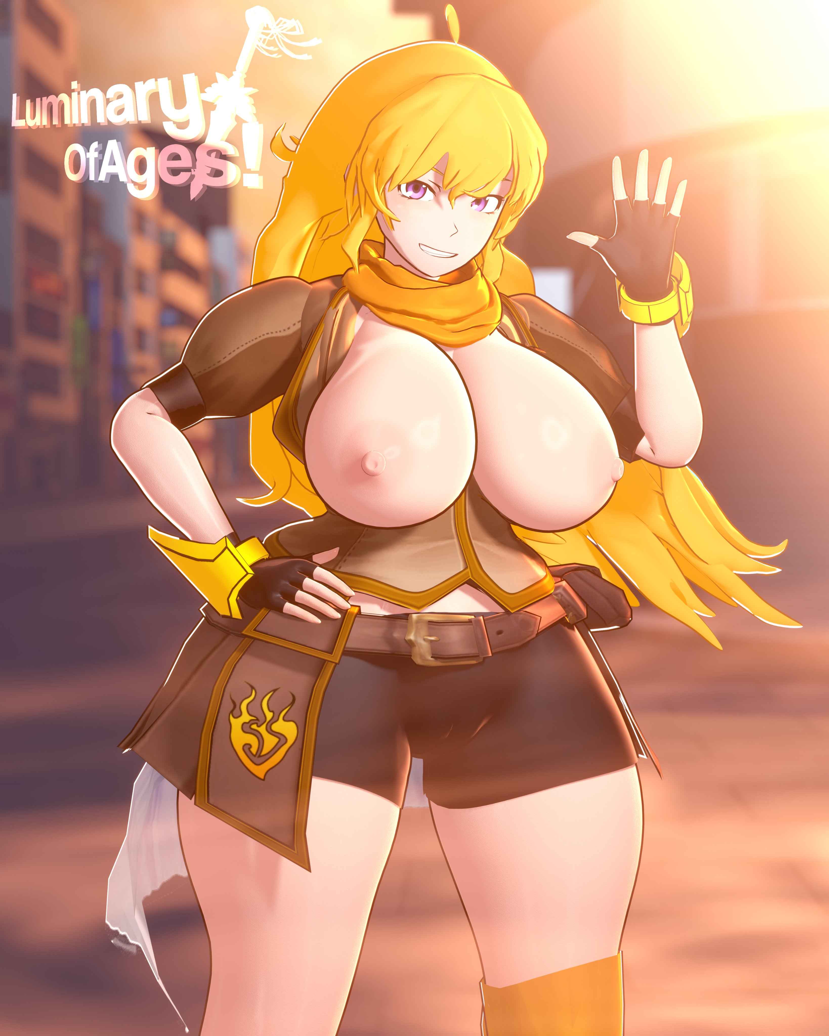 1girls, 3d, big breasts, blonde female, blonde hair, breasts, busty, half naked, half naked female, half-dressed, large breasts, long hair, long hair female, luminaryofages, purple eyes, rwby, smile, solo female, yang xiao long