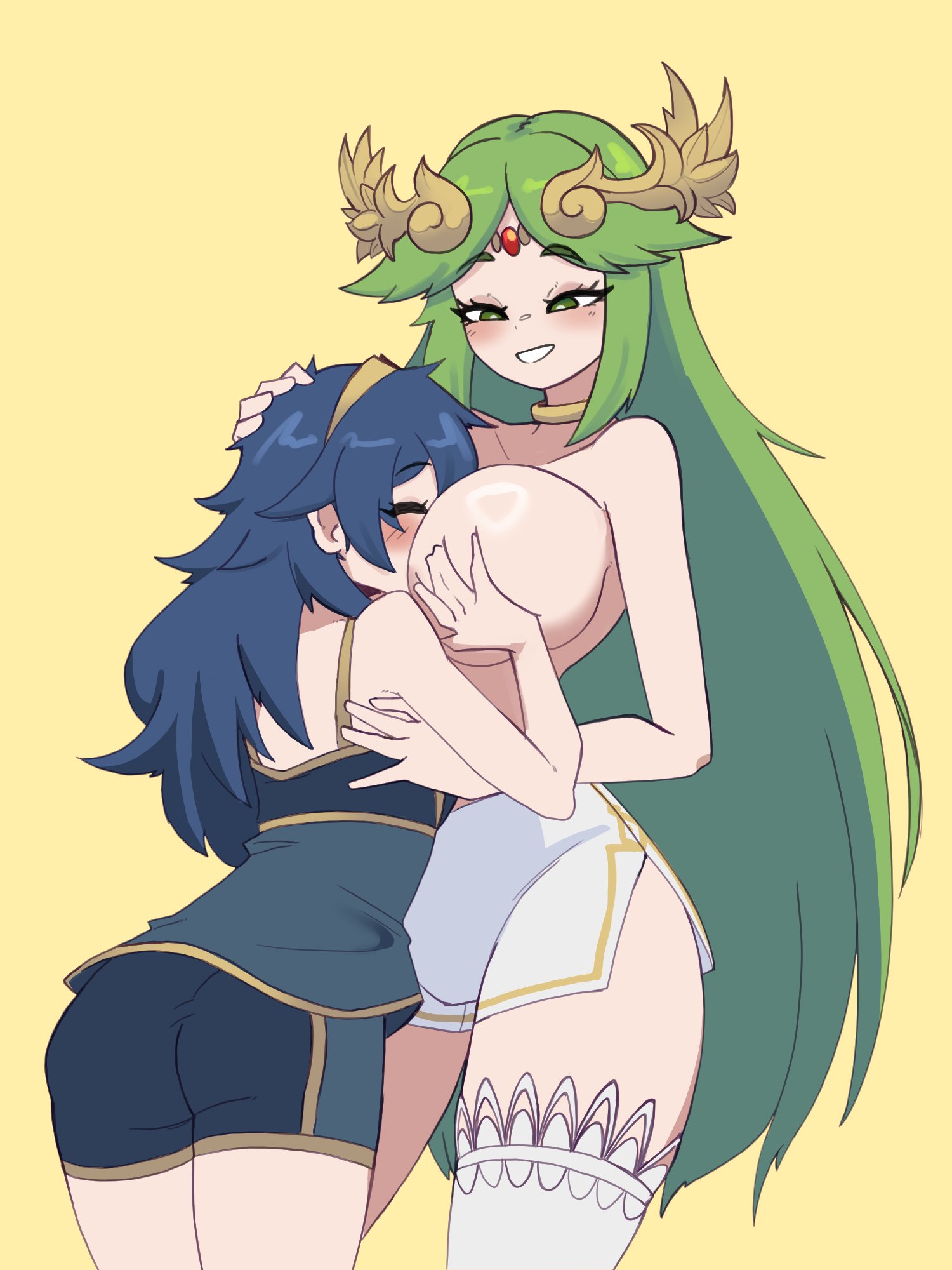 2girls, ass, bare shoulders, between breasts, blue hair, blush, boyshort panties, breast grab, breasts, choker, circlet, closed eyes, collarbone, commission, company connection, cowboy shot, crossover, doce, duo, female, female focus, female only, fire emblem, fire emblem awakening, fire emblem warriors, goddess, grabbing another's breast, green eyes, green hair, grin, groping, hairband, half-closed eyes, hand on another's head, head between breasts, highres, jewelry, kid icarus, kid icarus uprising, large breasts, long hair, looking at another, lucina (fire emblem), matching underwear, multiple females, multiple girls, naughty face, nintendo, official alternate costume, palucina, palutena, shorts, simple background, single thighhigh, skirt, smile, tank top, thighhighs, tiara, topless female, underwear, underwear only, very long hair, white skirt, white thighhighs, yellow background, yuri