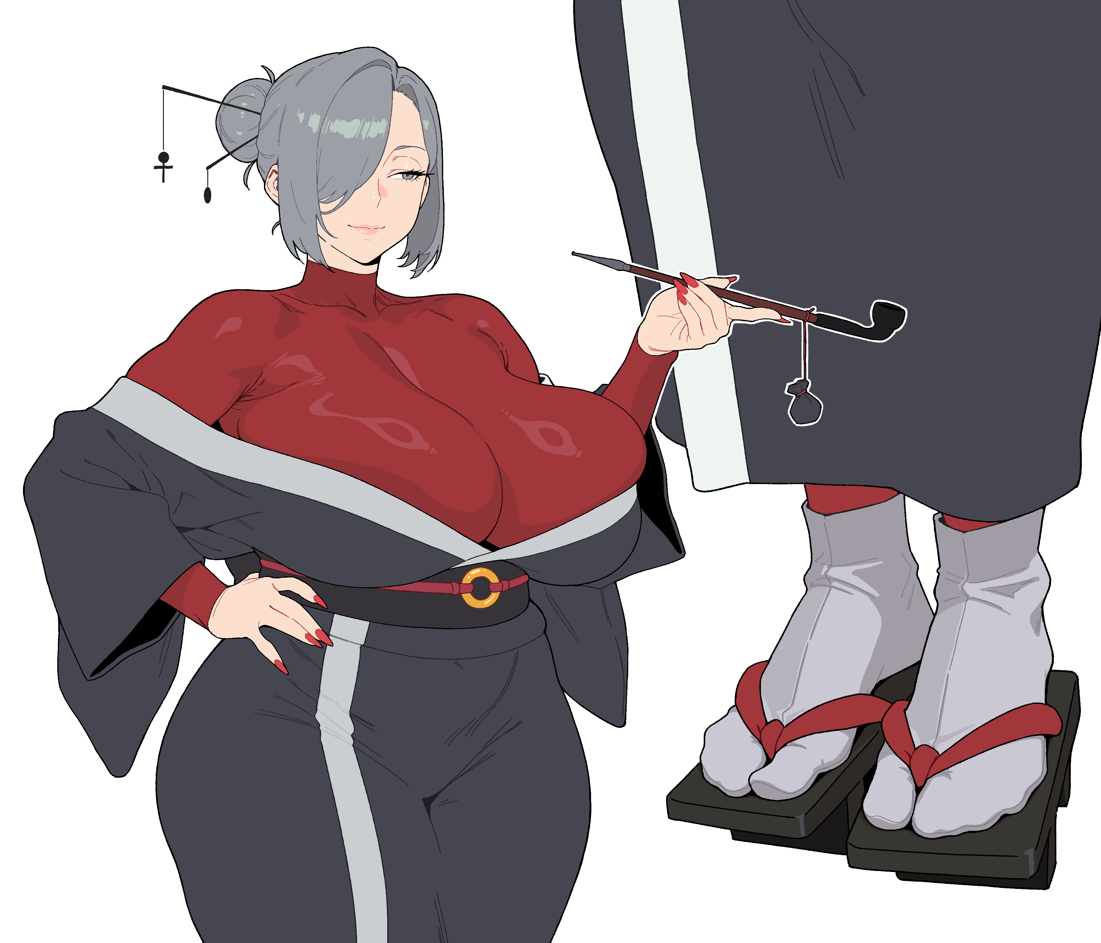 1girl, 2d, chengchezhiice, foot fetish, geta, geta sandals, grey eyes, grey hair, hair bun, hair over one eye, japanese female, kimono, large breasts, milf, mommy, oc, red nail polish, smoking pipe, socks, tabi, tabi socks, tagme, tight clothes