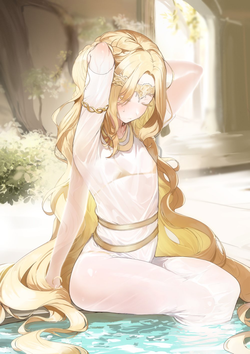 1boy, arms up, bathing, bikini, bikini under clothes, blonde, blonde hair, circlet, divine, elden ring, femboy, fromsoftware, god, golden bikini, golden hair, gu599, light skin, light-skinned male, male, male only, miquella, royal, royalty, shadow of the erdtree, thick, thick thighs, thighs, trap, twink