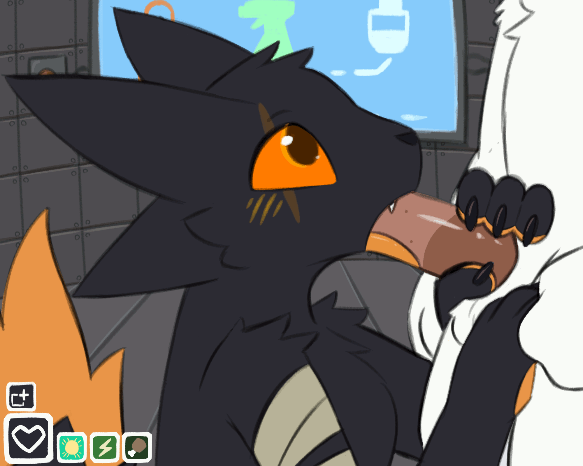 2d animation, 5:4, ahatas, amber eyes, ambiguous gender, ambiguous penetrated, anatomically correct, animated, animated gif, anthro, anthro on anthro, anthro penetrated, anthro penetrating ambiguous, balls, bandage, black body, black fur, blush, blush lines, canid, canine, casualties: unknown, claws, duo, electronics, expie (gunsawian), eye scar, faceless character, faceless male, facial scar, fangs, fellatio, fox, frame by frame, fur, gameplay mechanics, genitals, gunsawian, hand on leg, hand on penis, hand on thigh, handjob, handjob while sucking, hi res, hybrid, looking up, male, male penetrating, male penetrating ambiguous, male/ambiguous, mammal, milky (gunsawian), monitor, moodles, murid, murine, oral, oral penetration, penetration, penile, penile penetration, penis, penis grab, penis in mouth, rat, rodent, scar, sex, short playtime, solo focus, tail, teeth, tongue, tongue out, tongue out fellatio, white body, white fur