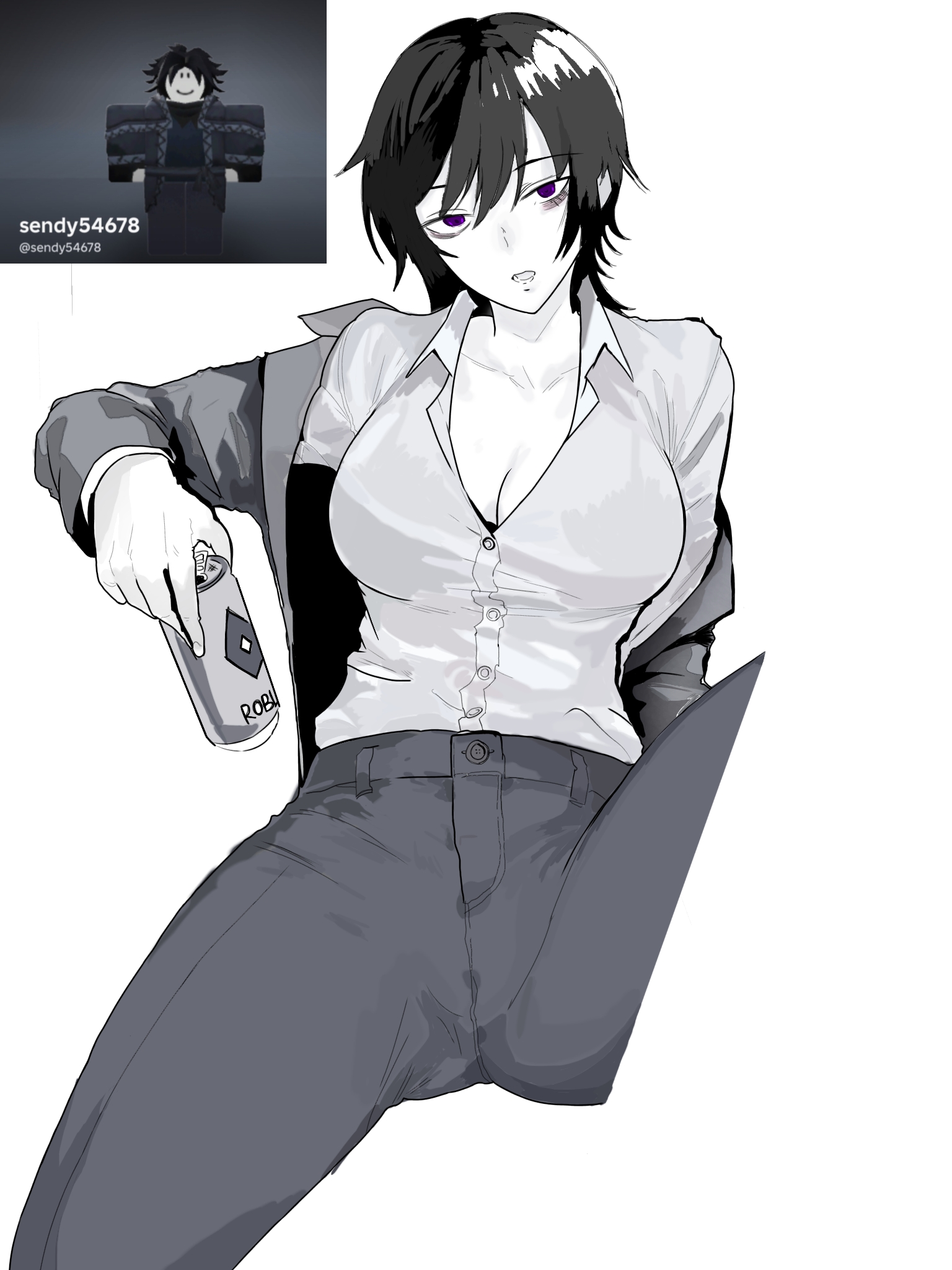 big breasts, black hair, bra, dark circles, kuudere, purple eyes, roblox, roblox avatar, robloxian, self upload, tagme, tagme (artist), traced, two time, white background, white body