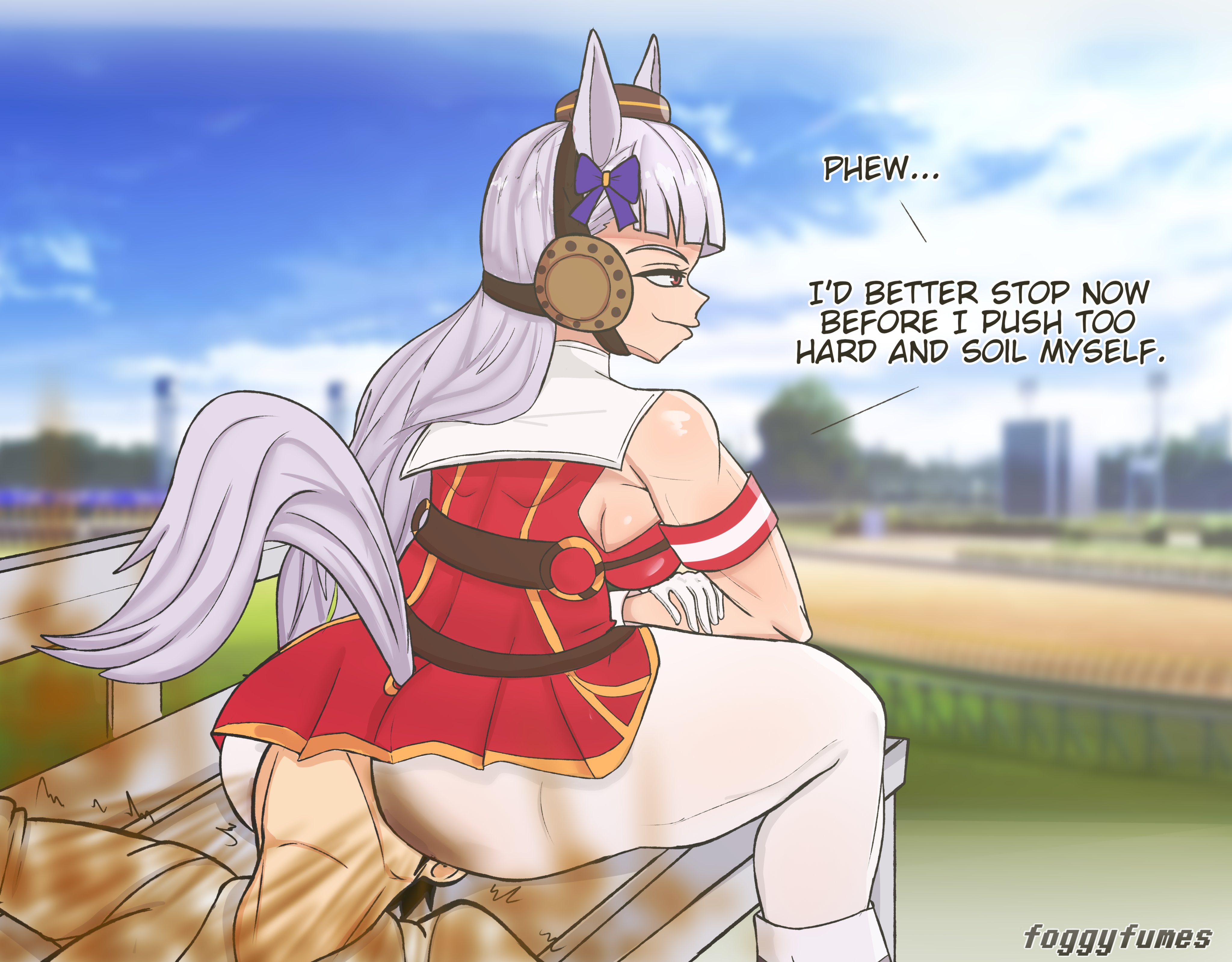 1boy, 1boy1girl, 1girl, 2d, 2d (artwork), clothed, english, english text, facing away, fart, fart cloud, farting, farting in face, farting on face, foggyfumes, gold ship (umamusume), sitting on face, tagme, umamusume