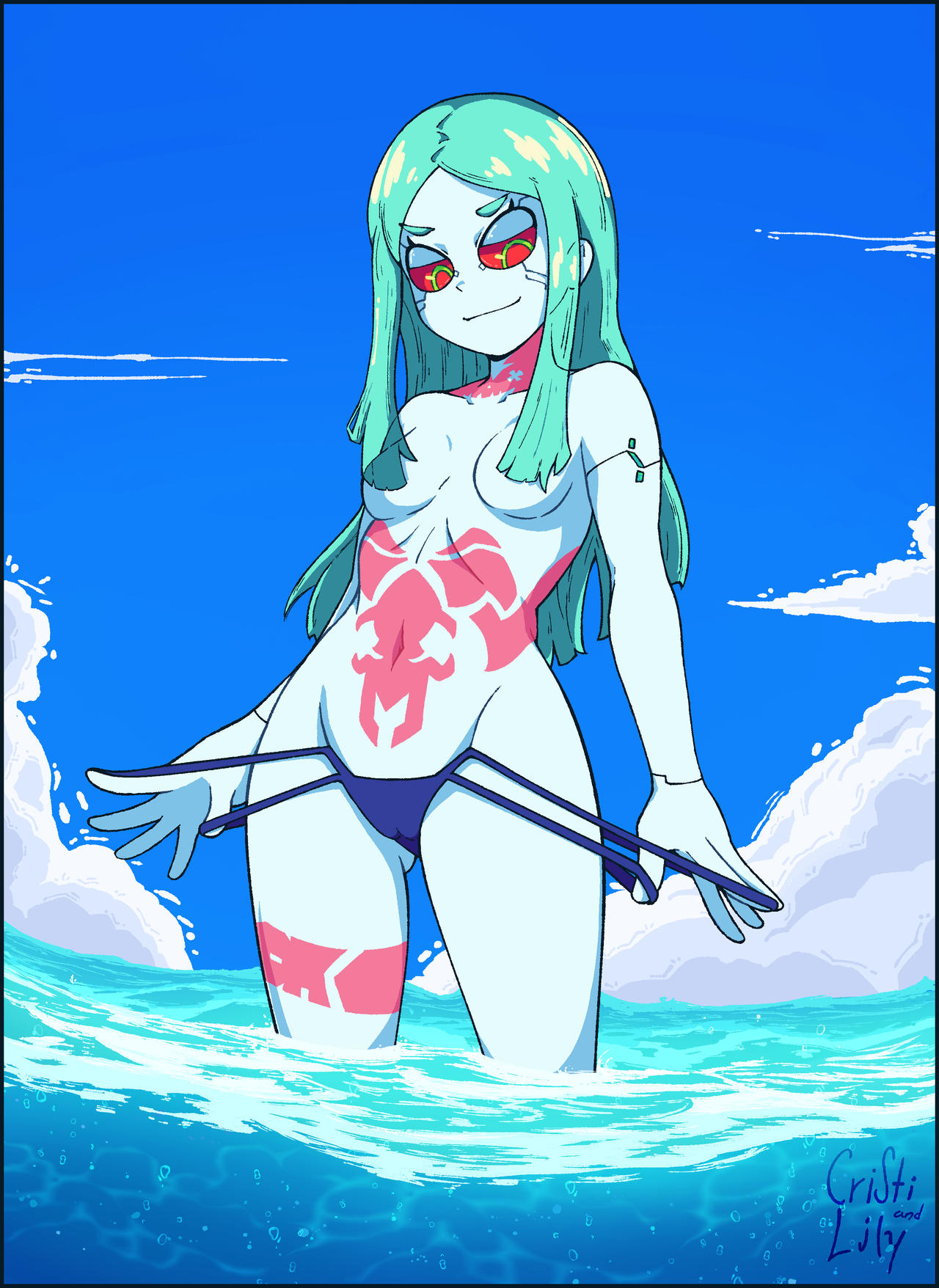 beach, beach background, blue body, breasts, cameltoe, cristilily, cyberpunk 2077, cyberpunk: edgerunners, green eyes, green hair, hair covering breasts, long hair, navel, panties, pulling panties, rebecca (edgerunners), red sclera, seaside, slim waist, small breasts, smug, tagme, tattoo, tattoos, topless, wide hips
