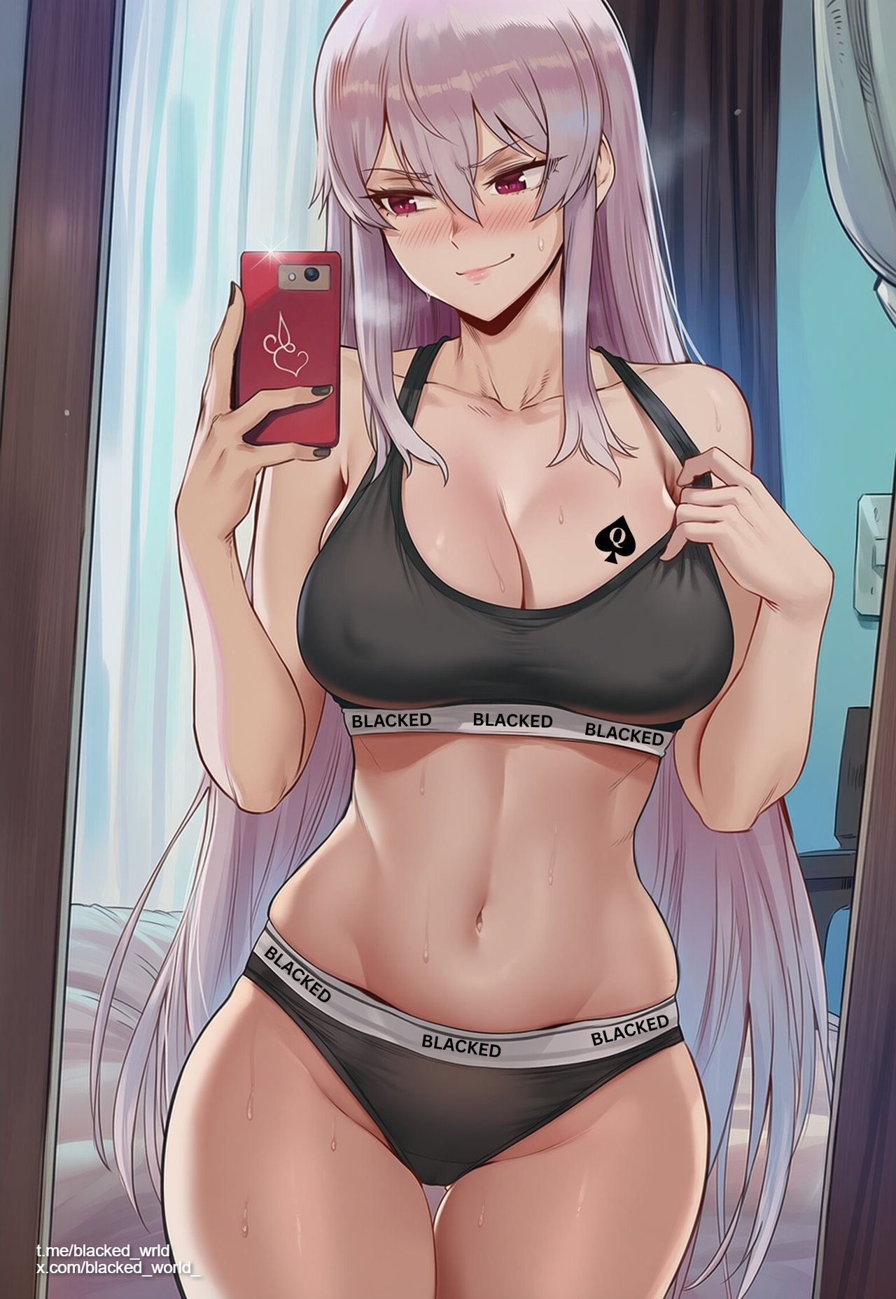 1girl, ai generated, anime style, ass focus, black bra, black panties, blacked, blacked queen, blacked wrld, blush, body writing, breeding, breeding cow, curvy, dramatic lighting, erect nipples, explicit, exposed breasts, heavy makeup, highres, huge ass, huge breasts, indoors, interracial, large breasts, light-skinned female, long hair, mind break, nipples, pink hair, puffy nipples, purple eyes, queen of spades, smile, solo focus, spade tattoo, standing, submissive female, tattooed female, text, thick bbc, thick thighs, voluptuous, wide hips