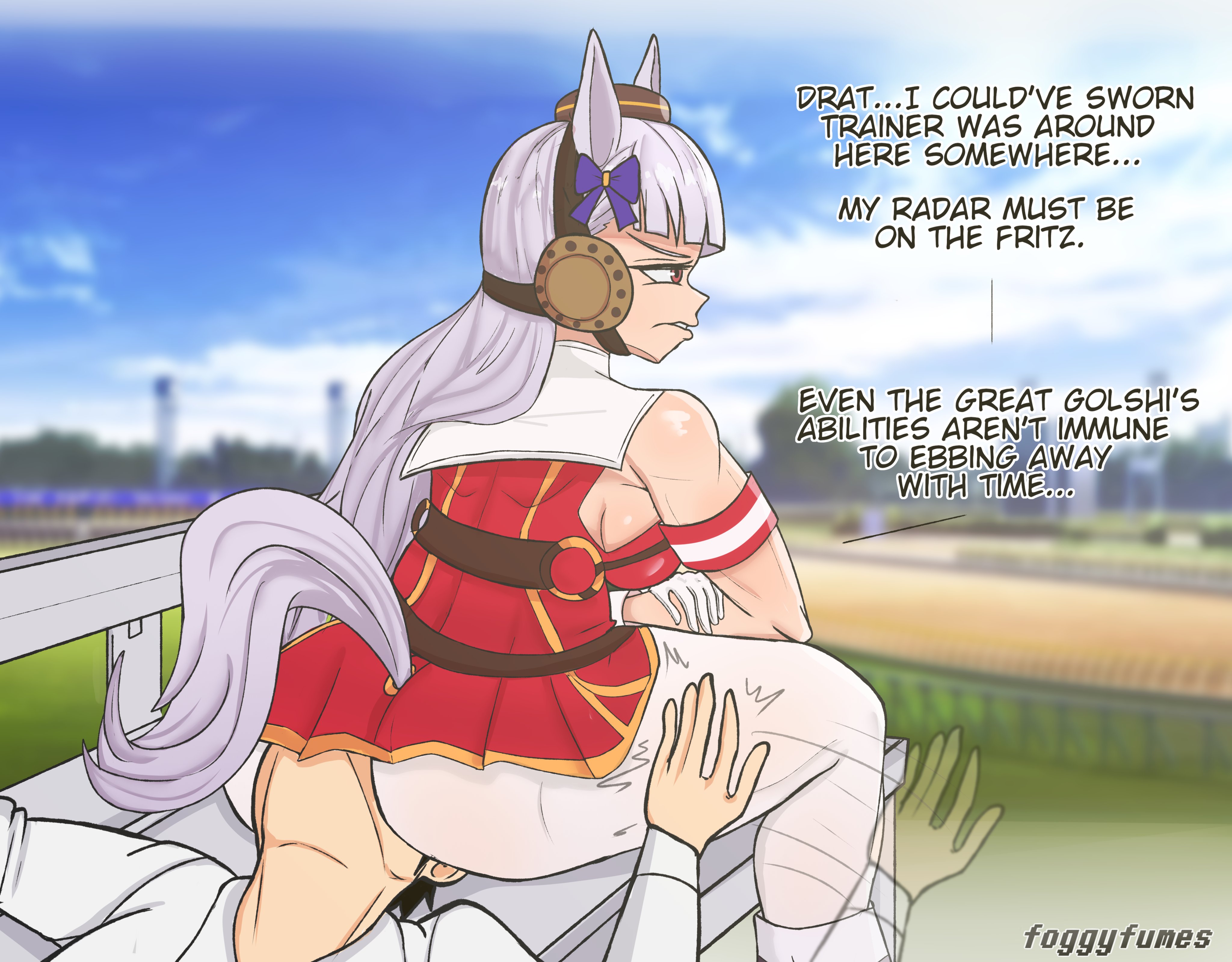 1boy, 1boy1girl, 1girl, 2d, 2d (artwork), clothed, english, english text, facing away, foggyfumes, gold ship (umamusume), hand on another's ass, hand on ass, sitting on face, tagme, trainer (umamusume), umamusume