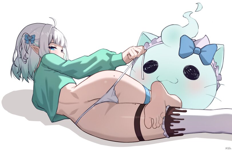 1girls, ass focus, blue eyes, densetsu.exe, fan mascot (vtuber), ghost girl, high-angle view, indie virtual youtuber, looking at viewer, lowres, maid mint, mint fantome, mole, mole on ass, one thighhigh, pointy ears, profile, pulling panties, short hair, taking off panties, undressing, virtual youtuber, vtuber, white background, wisps (mint fantome), xith
