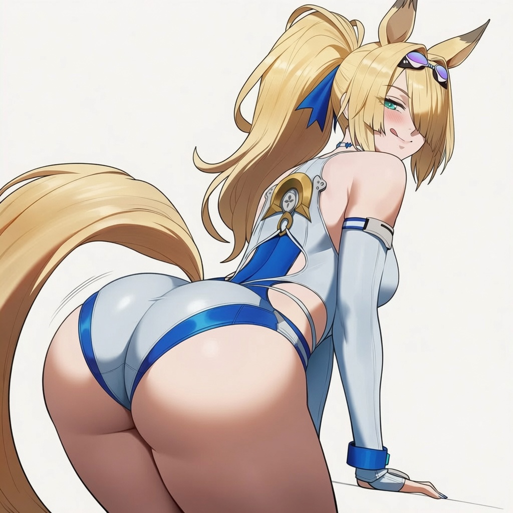 1girl, absurdres, ai generated, animal ears, ass, bare shoulders, blonde hair, blue one-piece swimsuit, blush, breasts, cowboy shot, english commentary, from side, hair over one eye, high ponytail, highres, horse ears, horse girl, horse tail, huge ass, large breasts, long hair, looking at viewer, maxelartdesign, mixed-language commentary, official alternate costume, one-piece swimsuit, open mouth, ponytail, sigrid de l'azur, sigrid de l'azur (majestic wavechaser), simple background, solo, swimsuit, tail, thick thighs, two-tone one-piece swimsuit, white background, white one-piece swimsuit, zenless zone zero