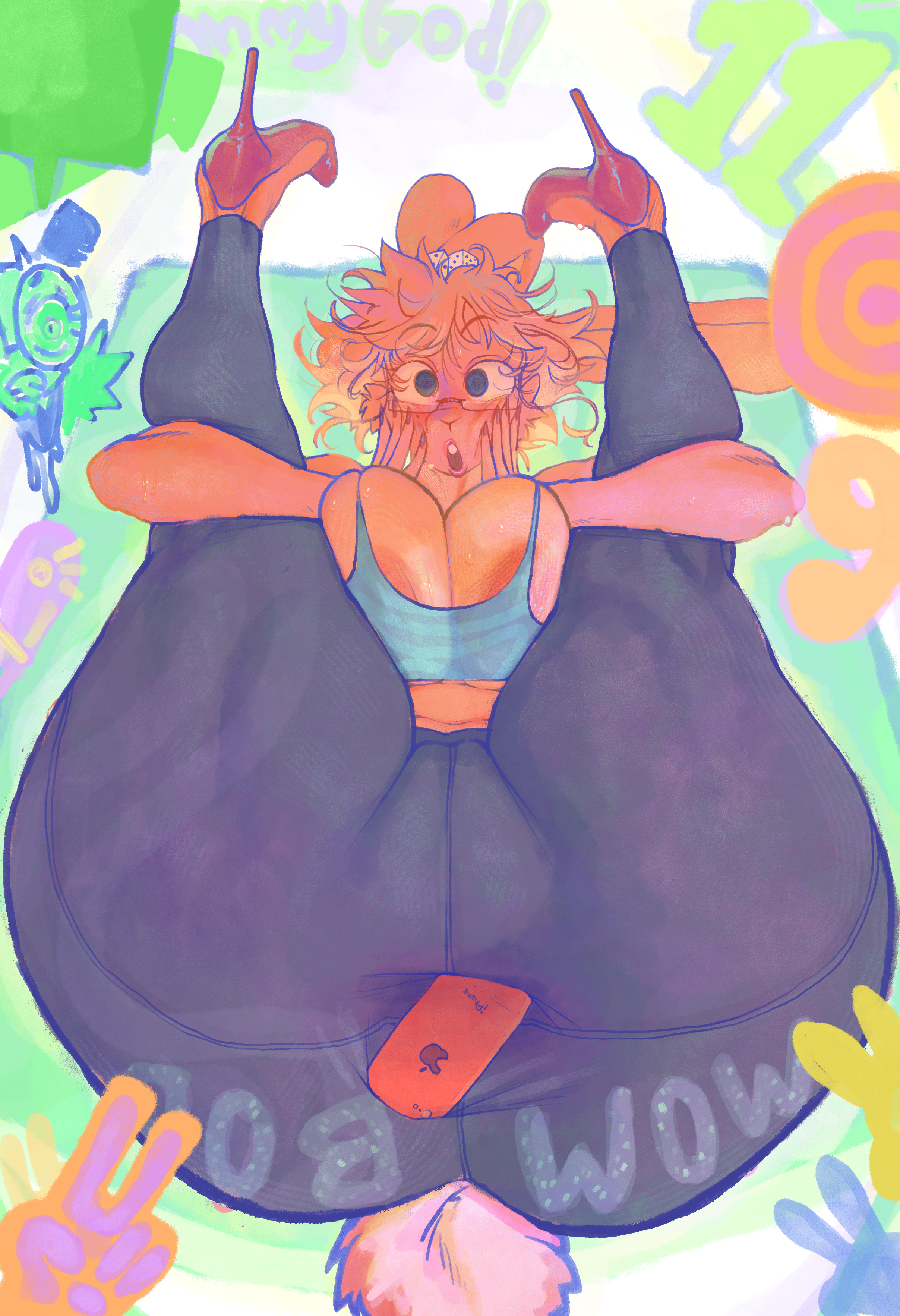 absurd res, anal, anal penetration, anthro, areola, areola slip, big breasts, big butt, bodily fluids, bottomwear, breasts, butt, clothing, eyewear, female, footwear, glasses, hi res, high heels, lagomorph, leggings, legwear, leporid, looking at viewer, mammal, muscular, pants, penetration, pink body, rabbit, shoes, smashmat, solo, surprised, sweat, thick thighs, through clothing, venus (smashmat), yoga pants