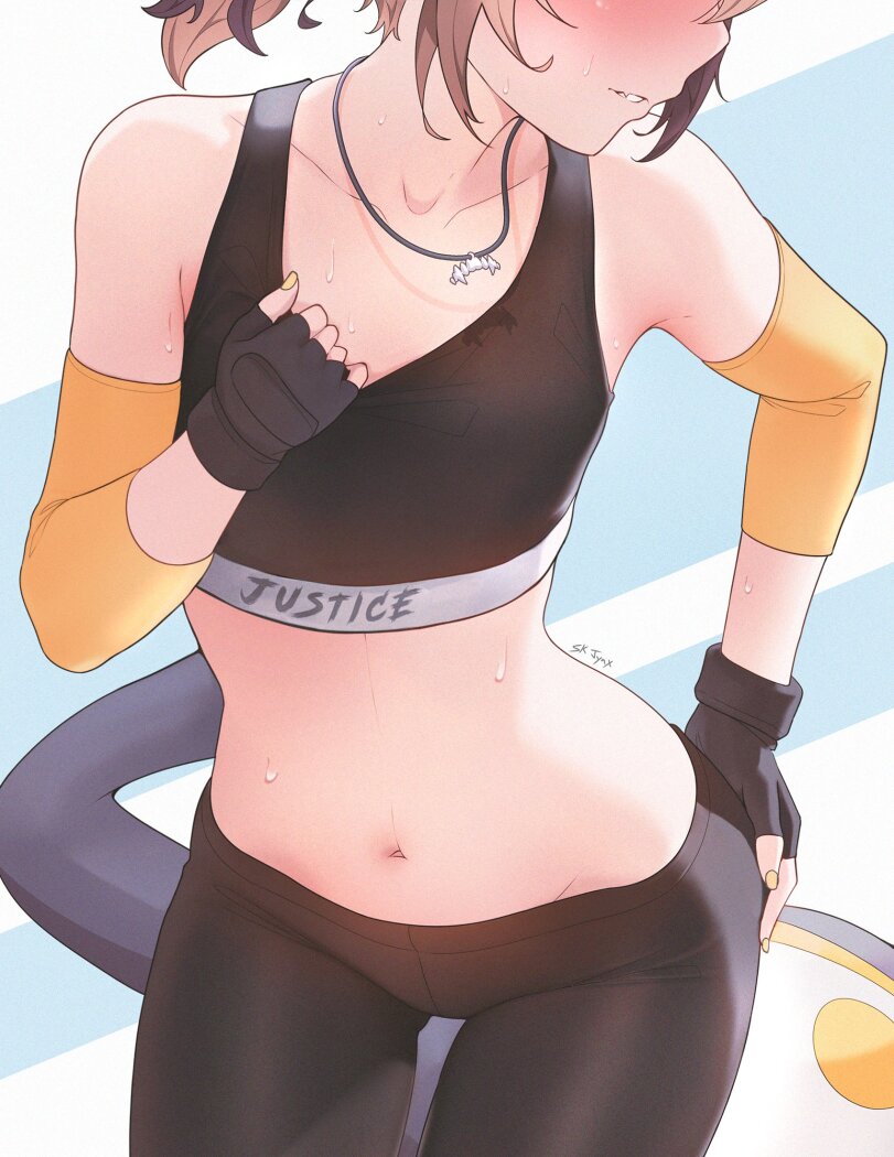1girls, blush, crotch, elbow brace, face out of frame, female, gigi murin, hololive, hololive english, hololive english -justice-, midriff, navel, petite, sk jynx, small breasts, solo, sweat, tail, thin female, tummy, virtual youtuber, vtuber, workout clothes
