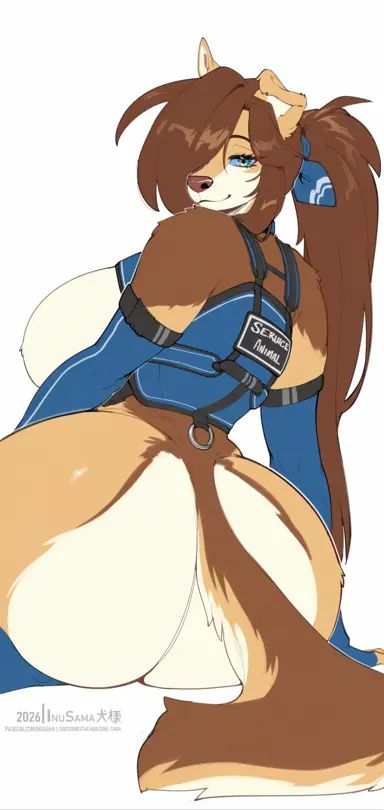 anthro, big ass, big breasts, canine, furry, golden retriever, harness, inu-sama, kela (the dogsmith), long hair, looking at viewer, looking back, service, service dog, service dog harness