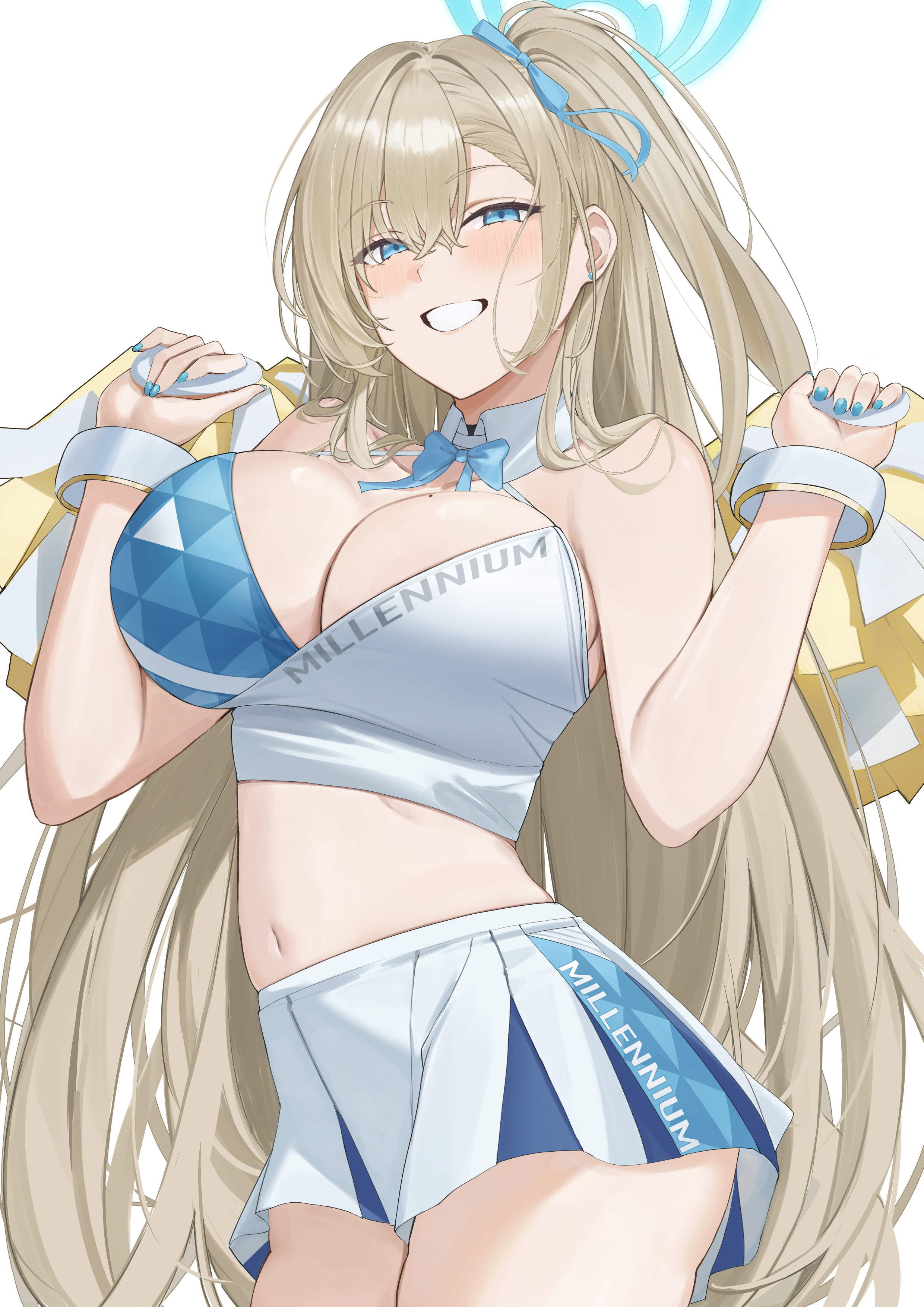 1girls, absurdres, alternate costume, asuna (blue archive), blue archive, blue eyes, blue nails, blue ribbon, blush, breasts, brown hair, cheerleader, cleavage, clothes writing, crop top, female, hair ribbon, highres, holding, holding pom poms, large breasts, long hair, looking at viewer, millennium cheerleader outfit (blue archive), miniskirt, mole, mole on breast, nail polish, navel, pom pom (cheerleading), pom poms, ref (pmxt4483), revision, ribbon, simple background, skirt, smile, solo, stomach, thighs, very long hair, white background, white skirt