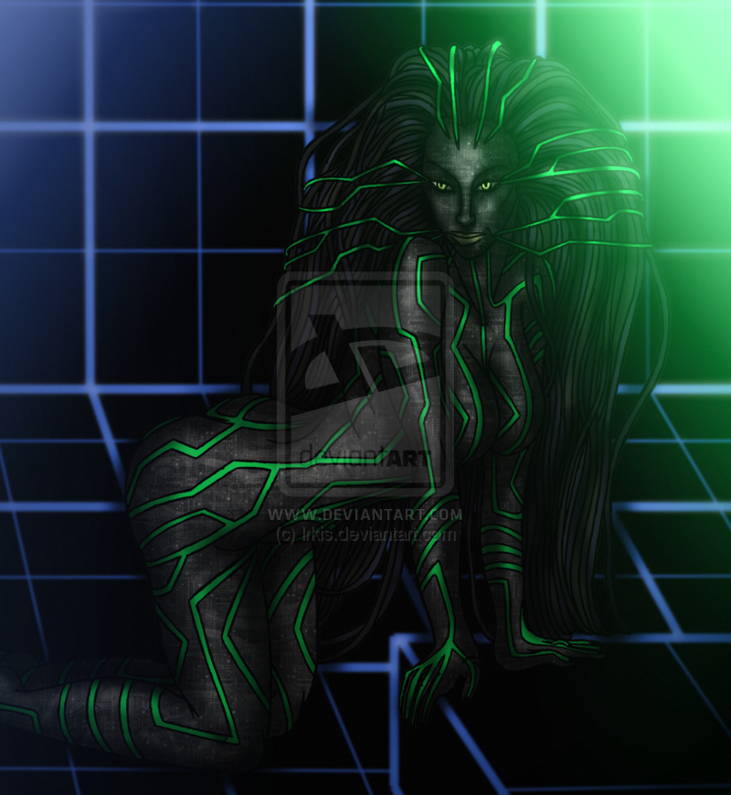 big_breasts black_hair black_sclera body_markings cyberspace dark-skinned_female green_eyes shodan system_shock tagme watermark