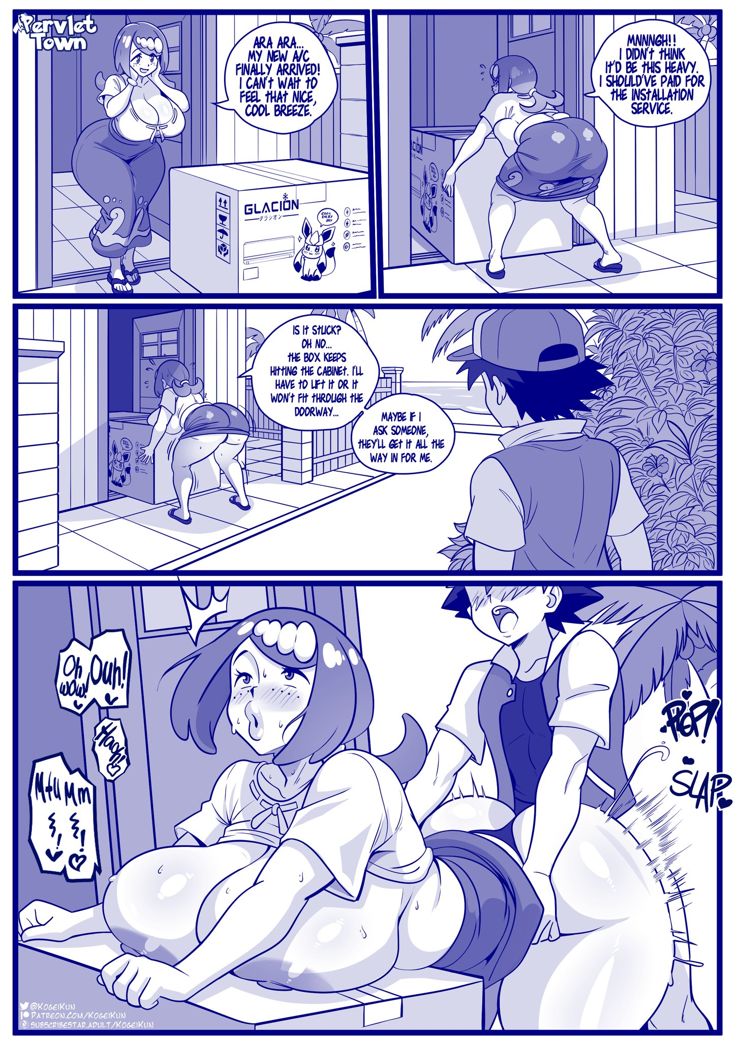 age difference, big ass, big breasts, comic, from behind, huge ass, kogeikun, lana's mother (pokemon), milf, nipples, older female, pokemon, questionable consent, satoshi (pokemon), stuck, thick thighs