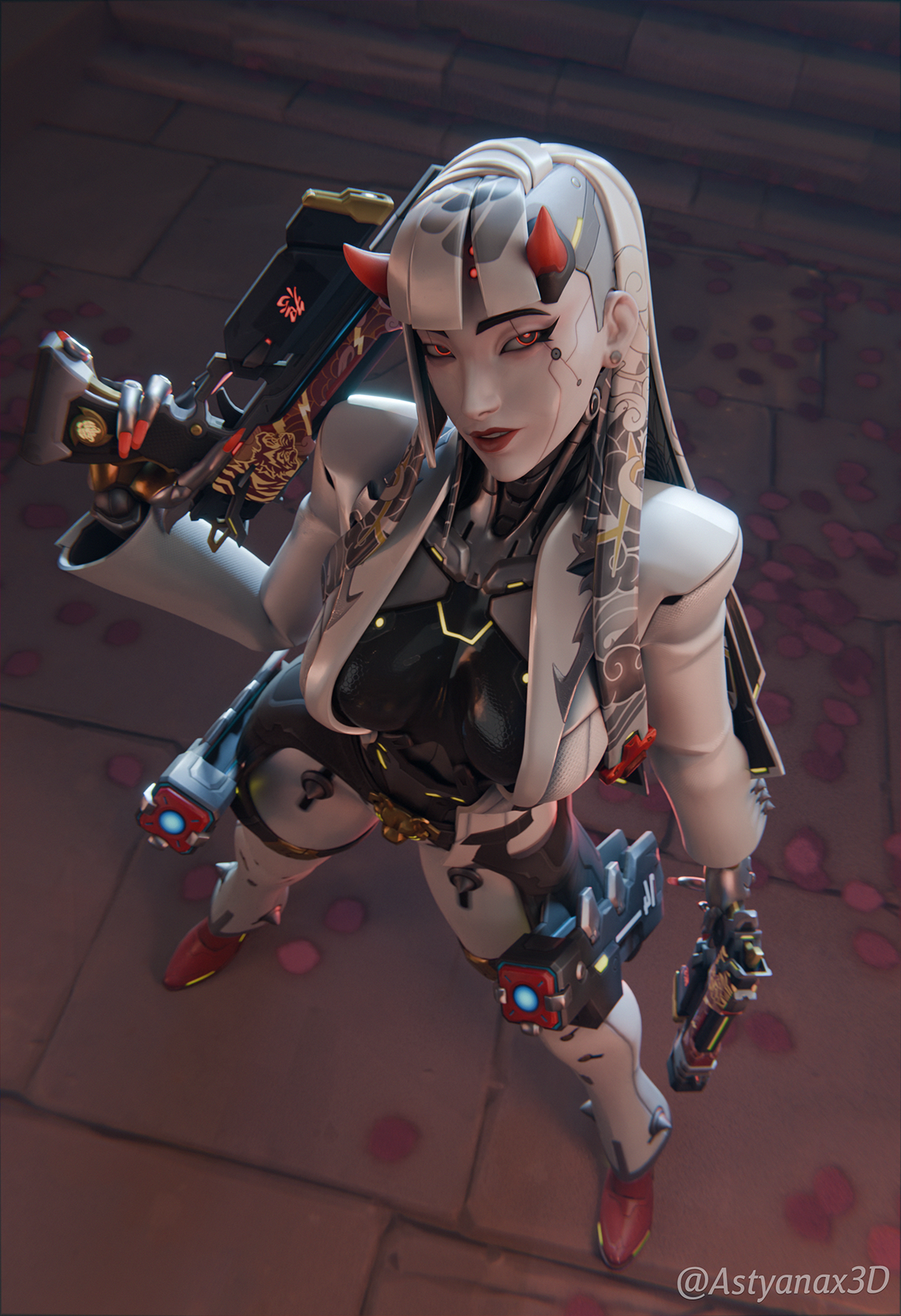 1girl, 3d, 3d (artwork), astyanax3d, from below, low angle, overwatch, overwatch 2, shion (overwatch), solo, standing