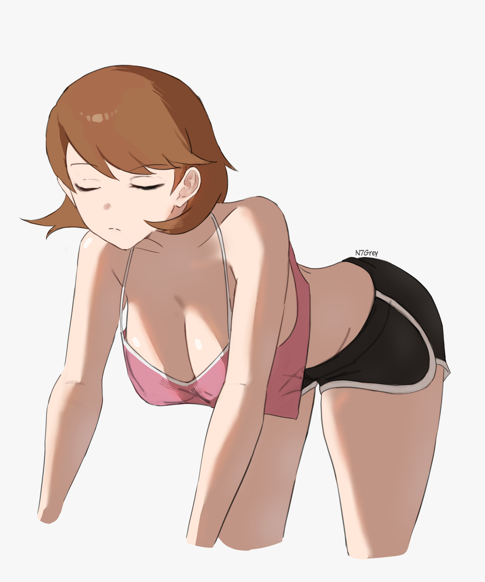 1girl, alternate costume, bare arms, bare legs, bare shoulders, bent over, black shorts, breasts, brown hair, cleavage, closed eyes, closed mouth, crop top, cropped legs, dolphin shorts, flipped hair, hanging breasts, highres, medium breasts, midriff, n7grey, persona, persona 3, pink shirt, pink tank top, shirt, short hair, shorts, simple background, sleeveless, solo, spaghetti strap, takeba yukari, tank top, thighs, yukari takeba