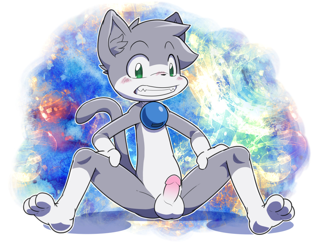 abstract_background anthro balls blush collar erection feet feline fur green_eyes grin humanoid_penis inner_ear_fluff jinglebell leo_(vg_cats) looking_at_viewer male male_only mammal nude ofuro penis presenting sitting smile solo spread_legs spreading vg_cats