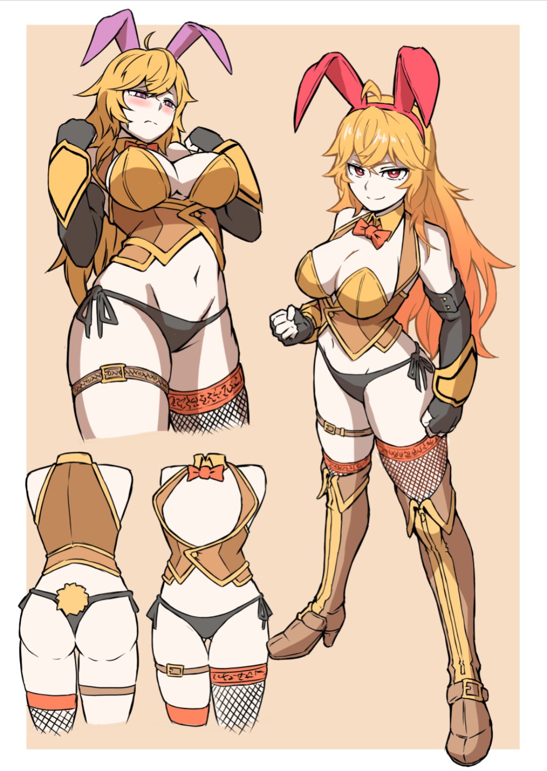 1girls, blonde female, blonde hair, cleavage, ember celica, half naked, half naked female, half-dressed, long hair, long hair female, mori kuro, red eyes, rwby, solo female, yang xiao long