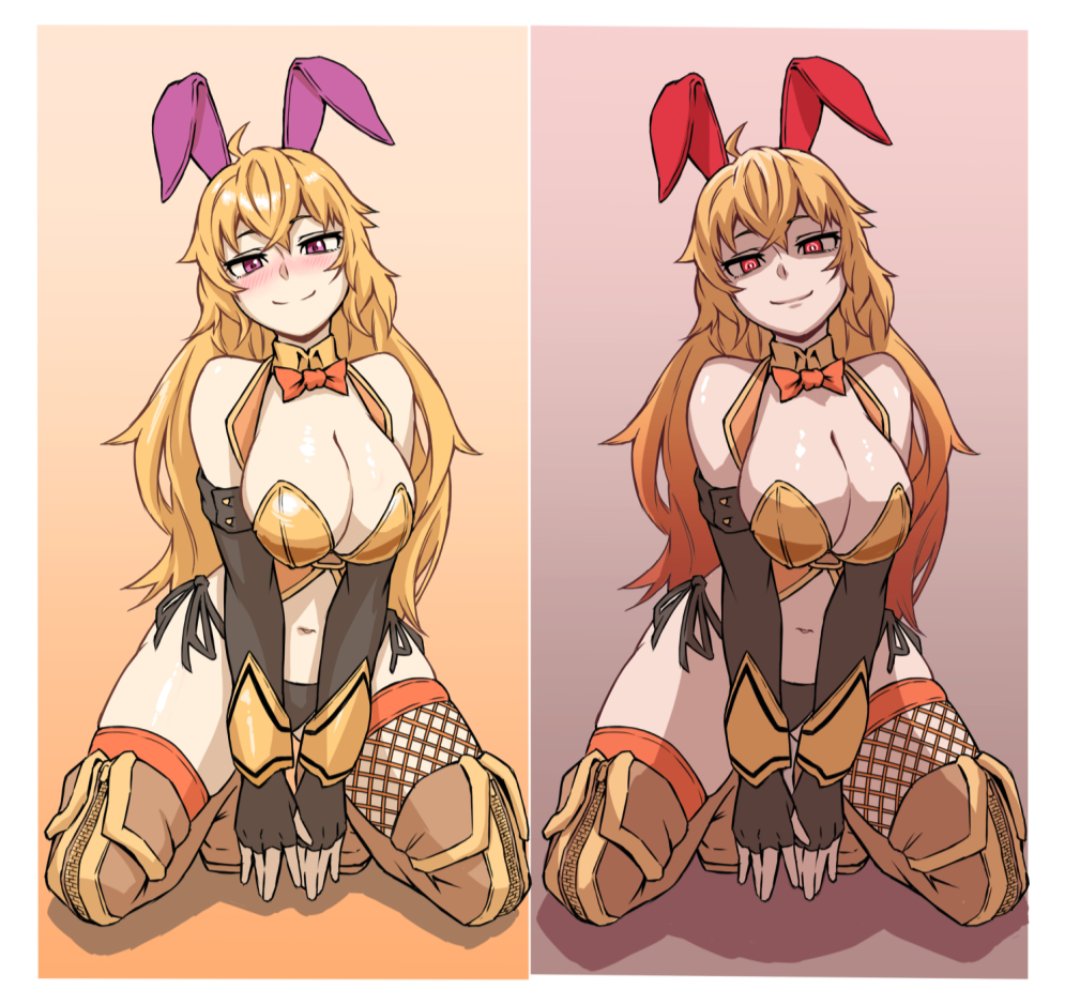 1girls, blonde female, blonde hair, bunny ears, bunny girl, bunnysuit, cleavage, difference, half naked, half naked female, half-dressed, long hair, long hair female, mori kuro, red eyes, rwby, yang xiao long