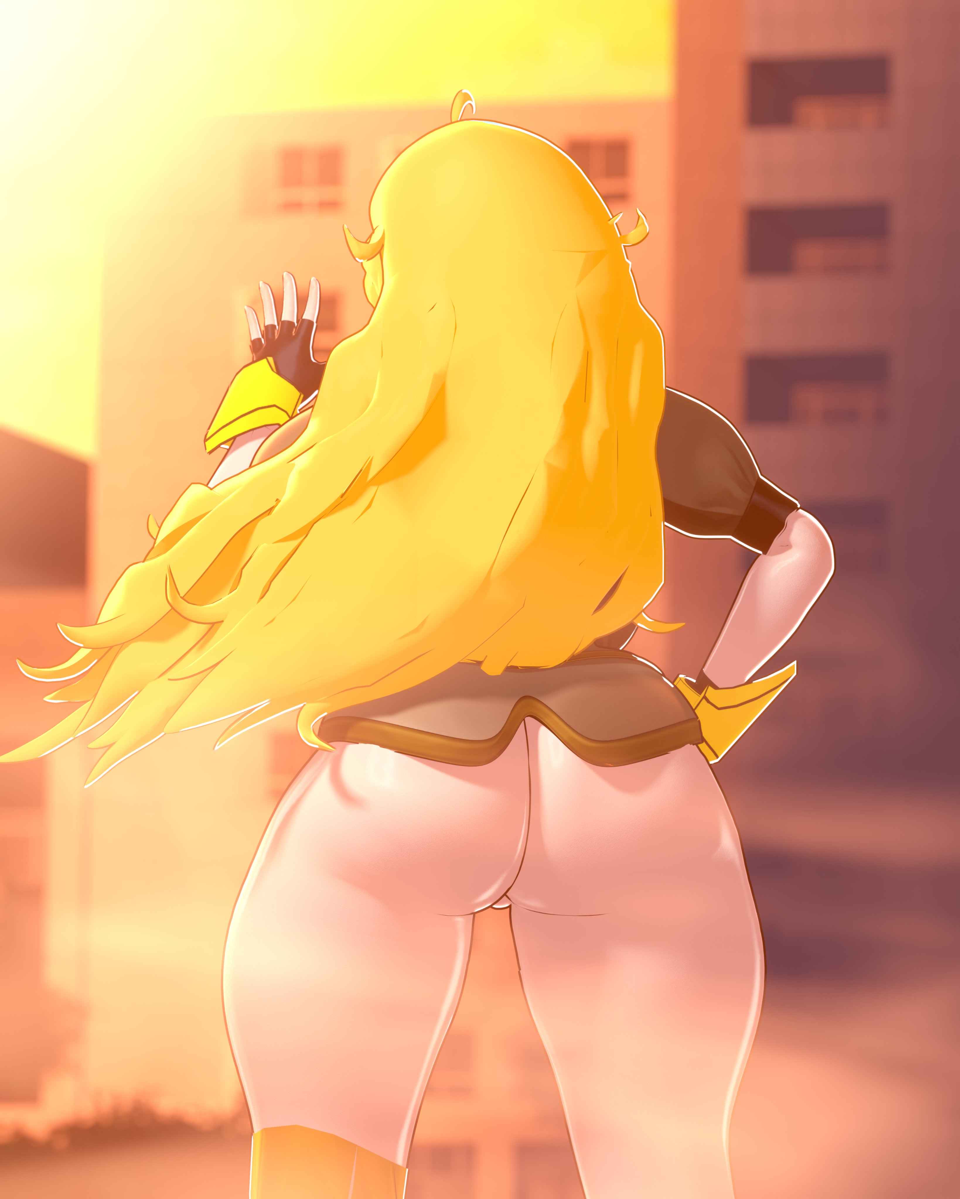 1girls, 3d, ass, ass focus, blonde female, blonde hair, bottomless, bottomless female, female, half naked, half naked female, half-dressed, long hair, long hair female, luminaryofages, purple eyes, rwby, solo female, yang xiao long