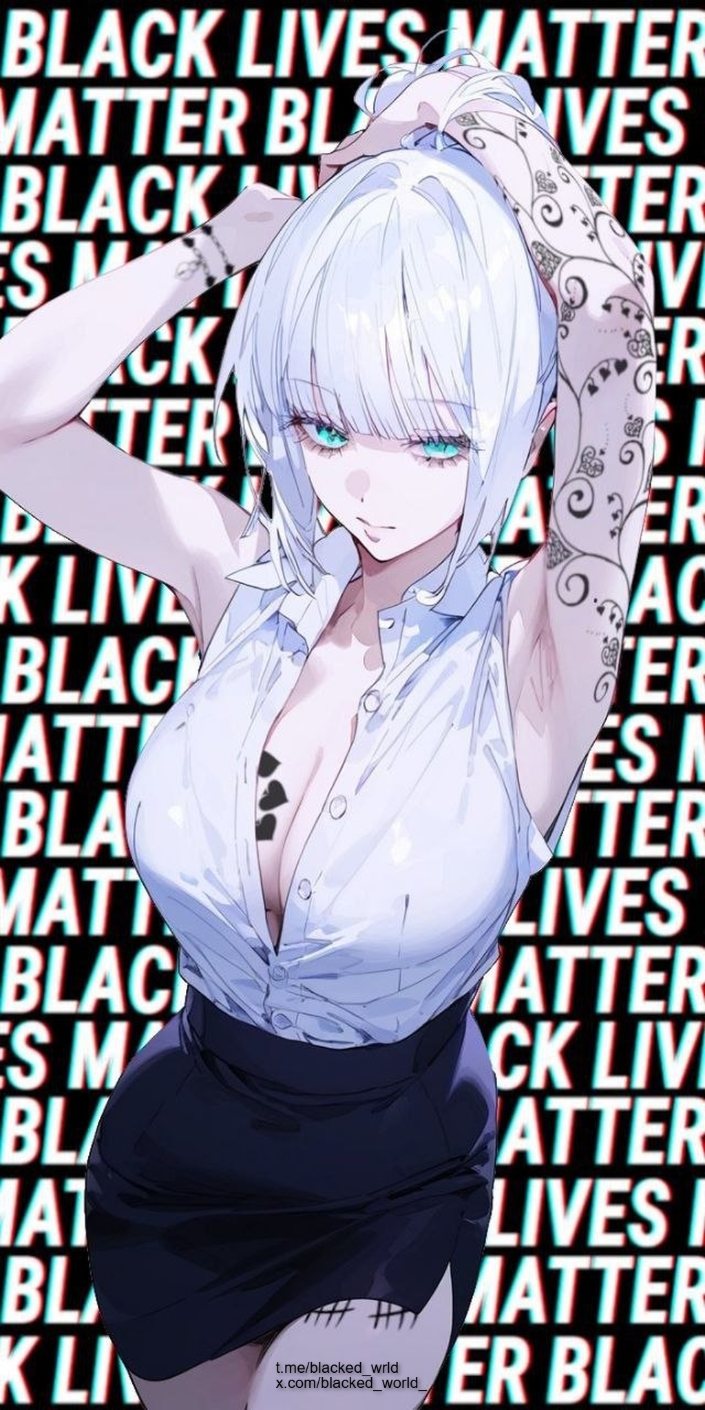 1girl, ai generated, anime style, ass focus, black lives matter, black skirt, blacked, blacked queen, blacked wrld, blush, body writing, breeding, breeding cow, curvy, cyan eyes, dramatic lighting, erect nipples, explicit, exposed breasts, heavy makeup, highres, huge ass, huge breasts, indoors, interracial, large breasts, light-skinned female, mind break, nipples, puffy nipples, queen of spades, short hair, solo focus, spade tattoo, standing, submissive female, tattooed female, text, thick bbc, thick thighs, voluptuous, white hair, white shirt, wide hips