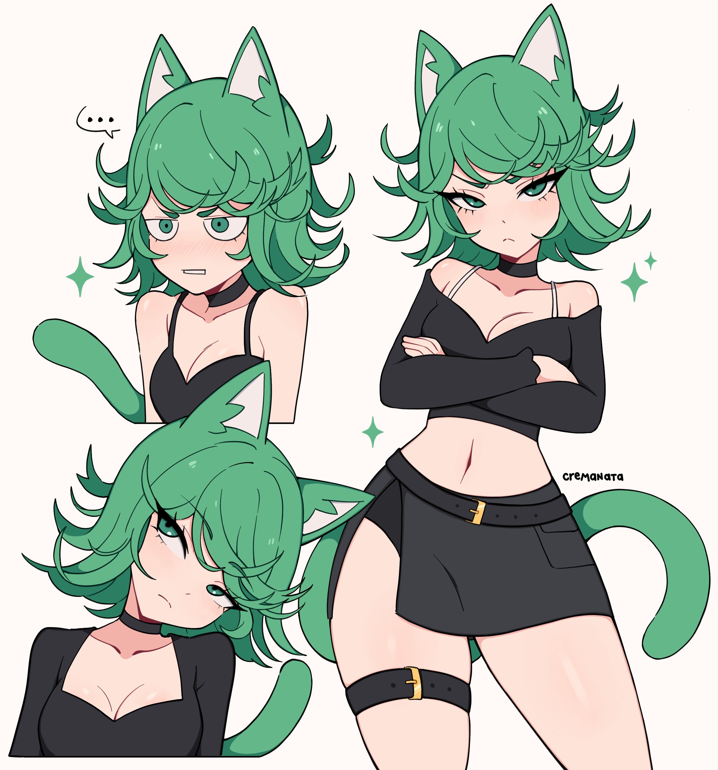 1girl, absurdres, alternate costume, animal ears, artist name, bare shoulders, belt, black belt, black choker, black shirt, black skirt, bra strap, breasts, cat ears, cat girl, cat tail, choker, cleavage, closed mouth, collarbone, cowboy shot, cremanata, crop top, cropped shirt, cropped torso, crossed arms, flipped hair, frown, green eyes, green hair, head tilt, highres, kemonomimi mode, light blush, long sleeves, looking at viewer, medium breasts, medium hair, midriff, multiple views, navel, one-punch man, shirt, side slit, sideways glance, simple background, skirt, sparkle, split mouth, spoken ellipsis, tail, tatsumaki, thigh belt, thigh strap, v-shaped eyebrows, white background