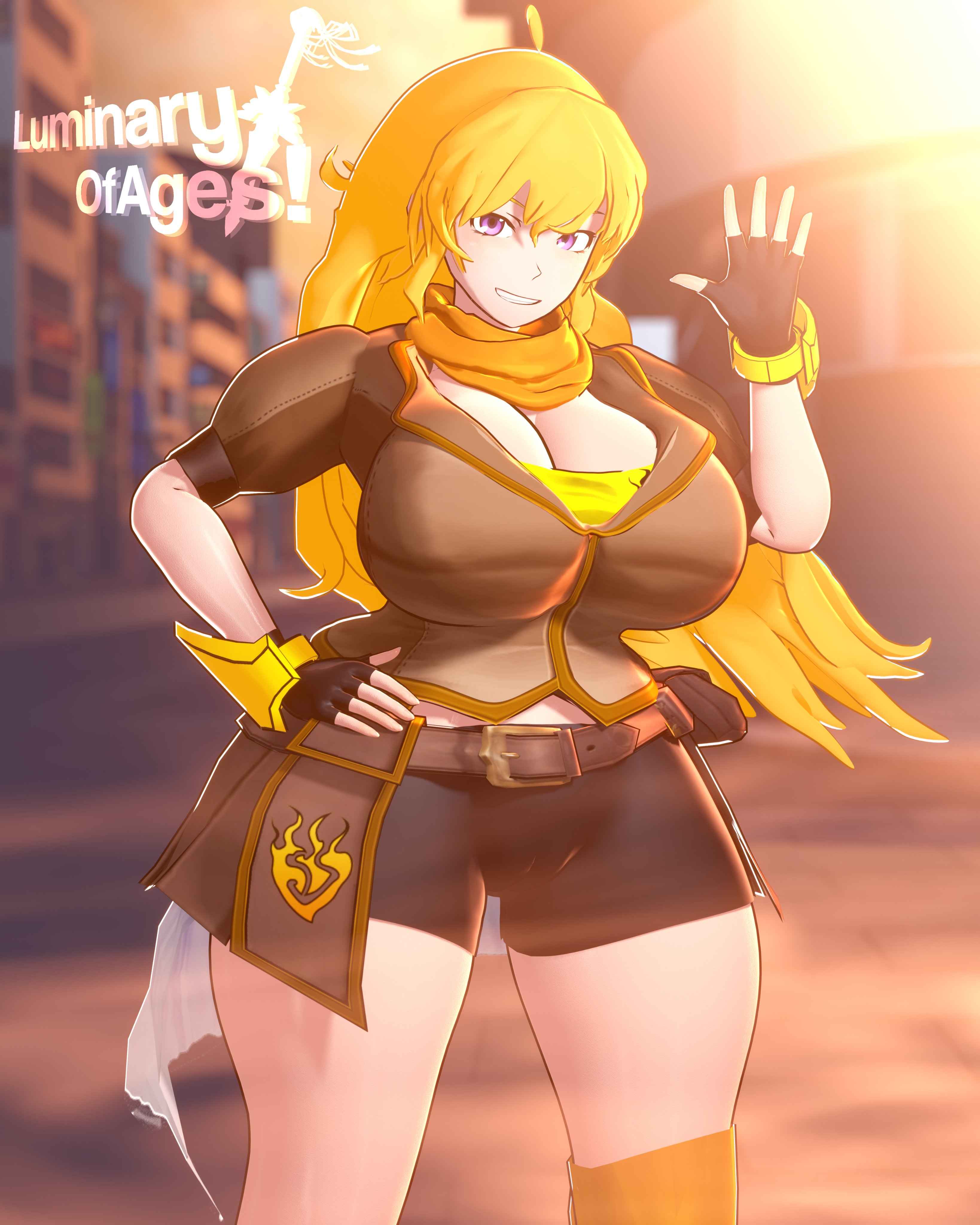 1girls, 3d, blonde female, blonde hair, cleavage, clothed female, ember celica, long hair, long hair female, luminaryofages, purple eyes, rwby, solo female, yang xiao long