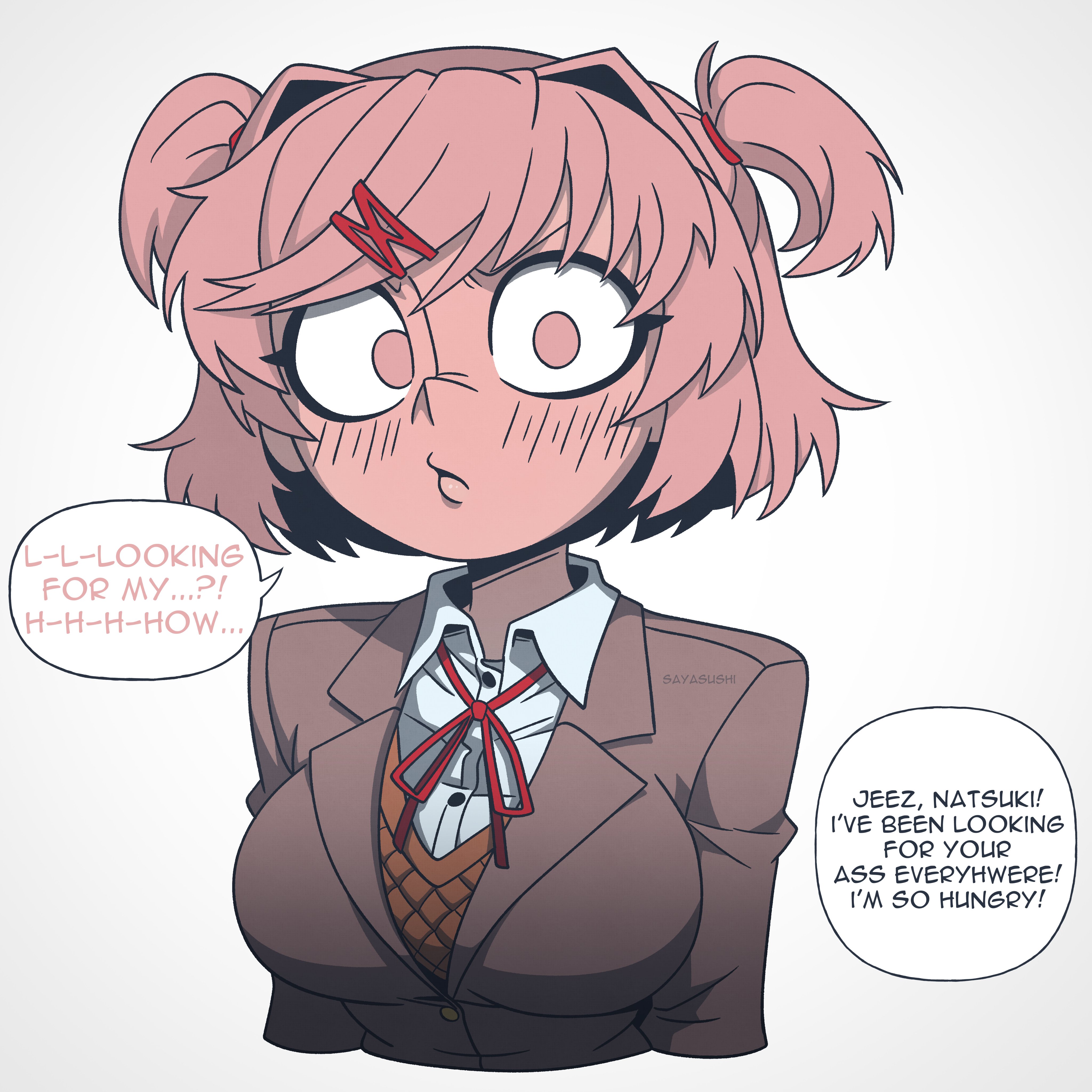 1girls, 2026, accurate art style, boobs, breasts, clothing, comic panel, dialogue, doki doki literature club, helltaker, imminent oral, imminent sex, meme, meme reference, natsuki (doki doki literature club), off model, pink hair, sayasushiswag