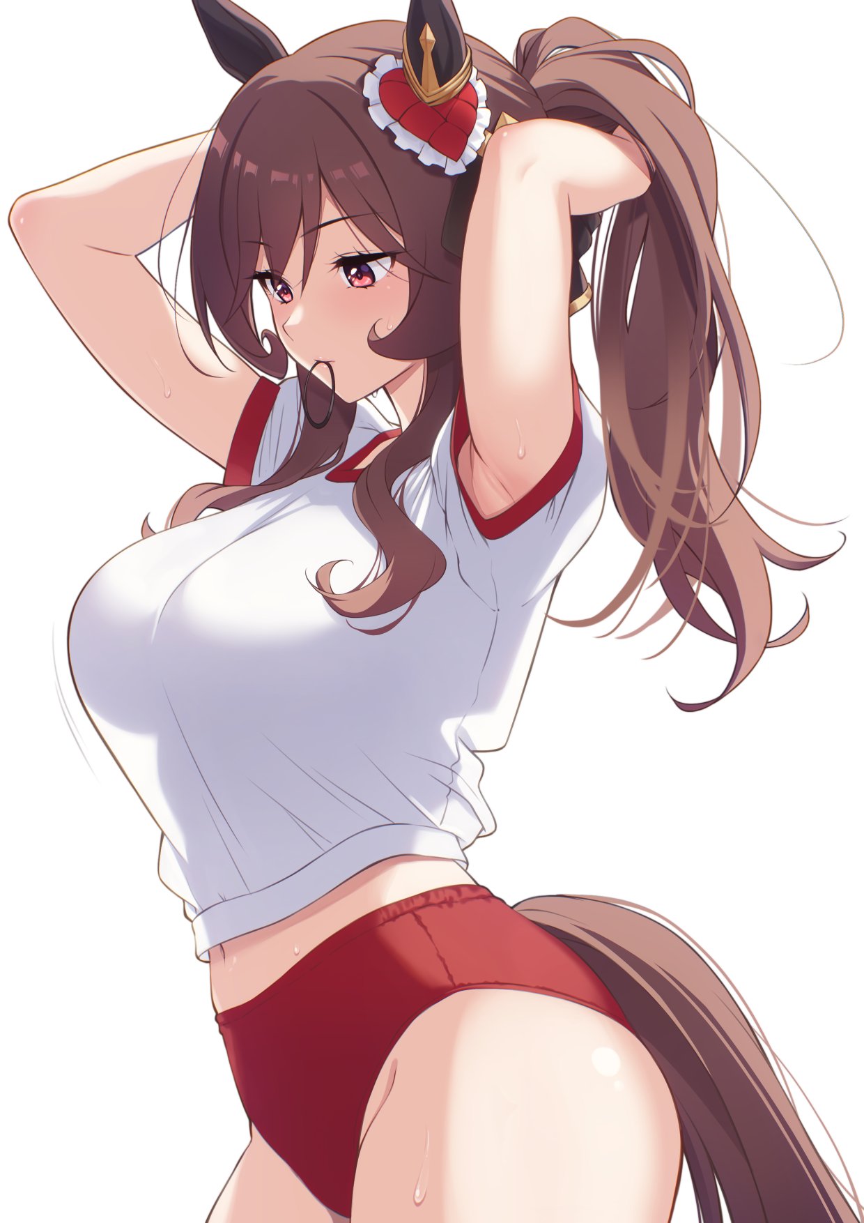 1girl, arms up, brown hair, gentildonna (umamusume), gym shirt, horse ears, horse girl, horse tail, large breasts, long hair, midriff, mobukichi, navel, ponytail, red buruma, red eyes, short sleeves, solo, sweat, umamusume, umamusume pretty derby, white shirt