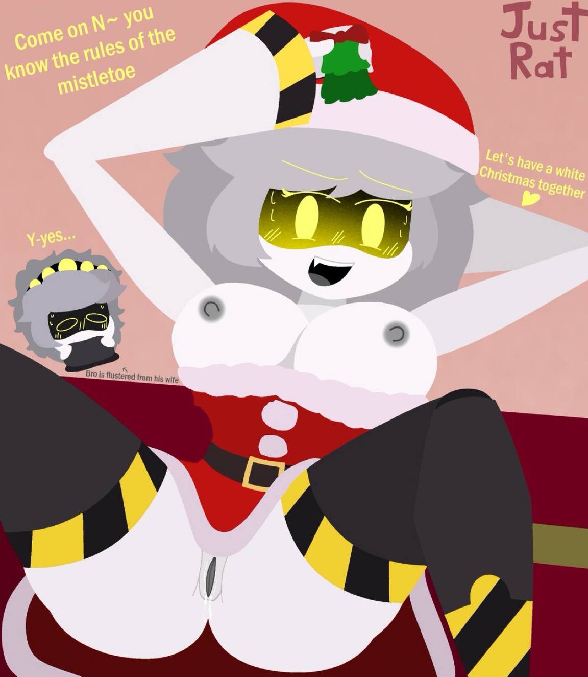 areolae, boobs, breasts, christmas, christmas clothing, christmas outfit, drone, envy (murder drones), female, male, murder drones, n (murder drones), nipples, pussy, robot, santa hat, serial designation n, serial designation v, tits, v (murder drones), vagina