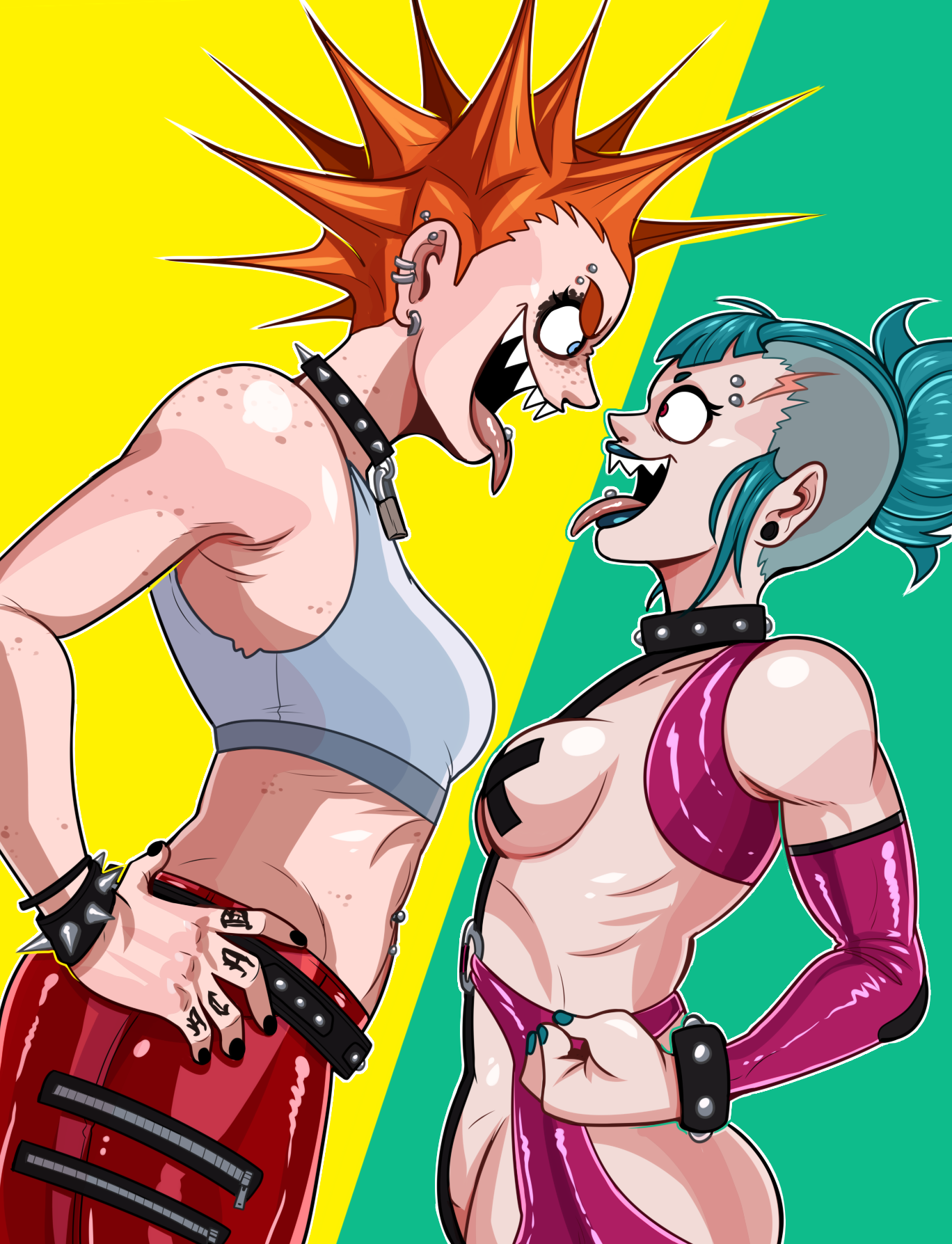 2girls, amelia (battle maidens), blue eyes, blue hair, breasts, choker, clothed, clothed female, collar, covered nipples, hands on hips, hellonearthiii, latex, latex clothing, orange hair, original, original character, pants, pierced tongue, piercing, red eye, sharp teeth, shiny clothes, side view, slim waist, smile, spiky hair, studded collar, tagme, tape, tight clothing, tongue, tongue out, tongue piercing, tongue stud, topless, topwear