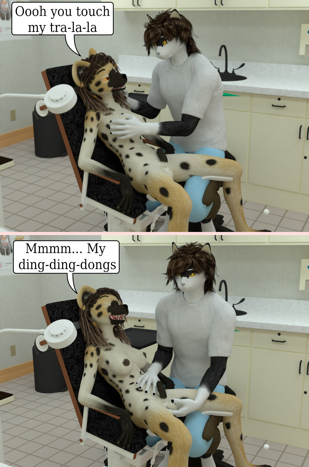 3d anthro comic domestic_cat dreadlocks duo felid feline felis female fisk_(angry_cat) futanari hi_res humor hyena intersex intersex/male joke littlefisky male mammal medical_examination nude shikari_(angry_cat) touching_balls touching_breast