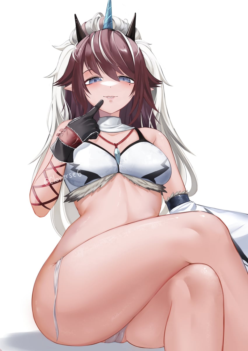 1girls 2020s 2023 arknights bare_shoulders blue_eyes blush breasts brown_hair cameltoe crossed_legs gloves highres horn horns kirin_(armor) kirin_r_yato_(arknights) long_hair looking_at_viewer mole mole_under_eye monster_hunter seductive_look seductive_smile simple_background smile solo tagme thighs yato_(arknights)