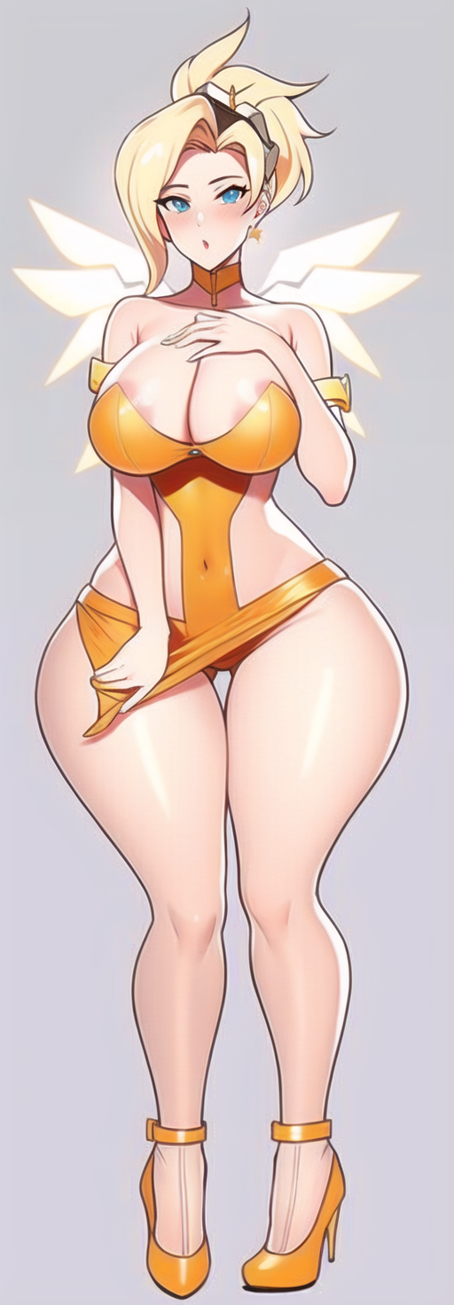 ai_generated angela_ziegler blizzard_entertainment blonde_hair blue_eyes curvy curvy_figure dress gigantic_ass glowing_wings hand_on_breast hand_on_cloth high_heels huge_ass huge_breasts huge_hips looking_at_viewer mercy nai_diffusion orange_clothing orange_high_heels overwatch shiny_clothes shiny_hair shiny_skin stable_diffusion thick_thighs wide_hips