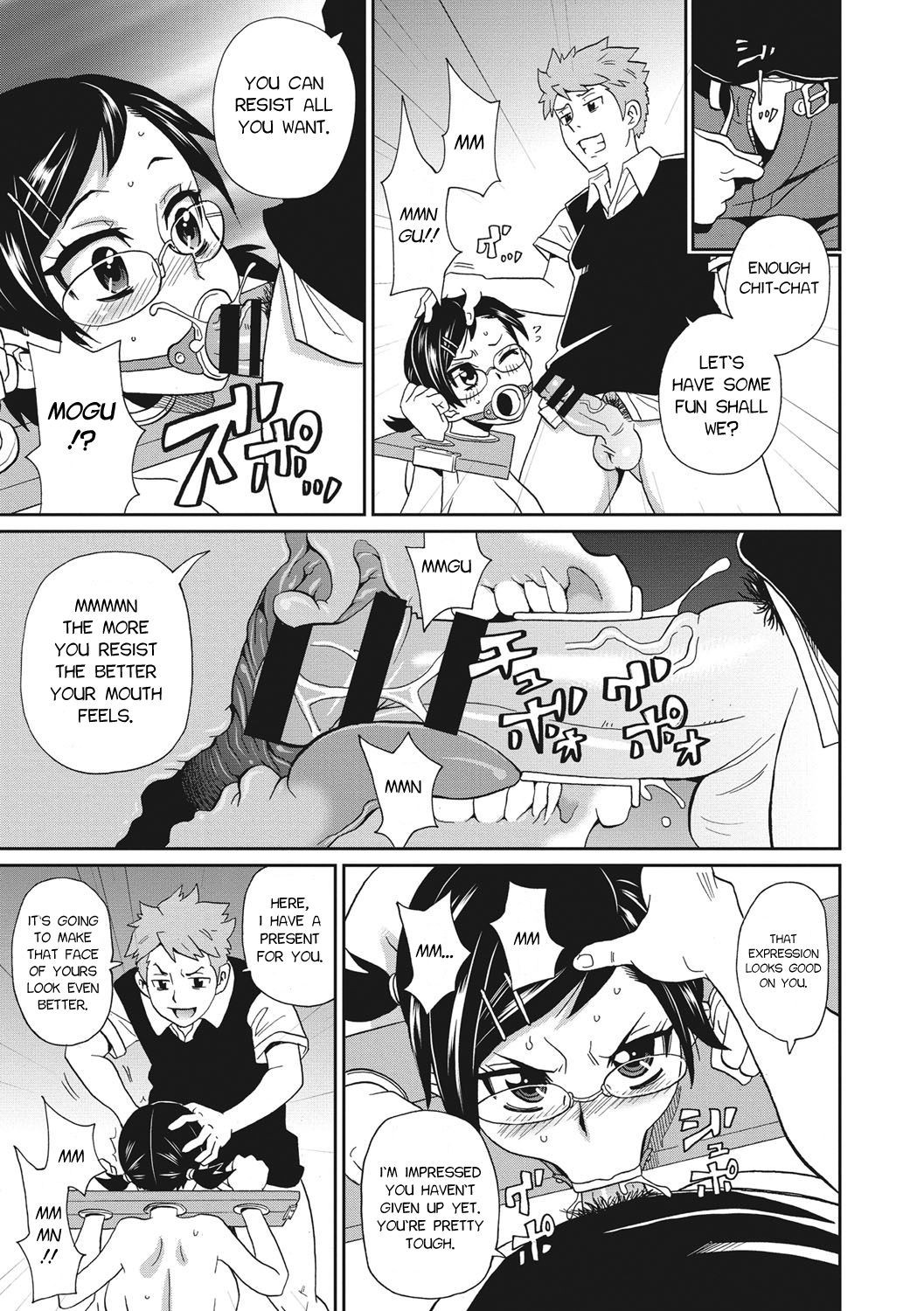 angry face, balls, blowjob, blowjob face, blush, breasts, censored, censored penis, comic, english, english text, female, gag, glasses, japanese text, john k. pe-ta, male, male pov, manga, one eye closed, penis, pov, pubic hair, rape, saliva, saliva on penis, shackles, sweat, teenage female, teenage male, teeth, tongue, veiny penis, x-ray