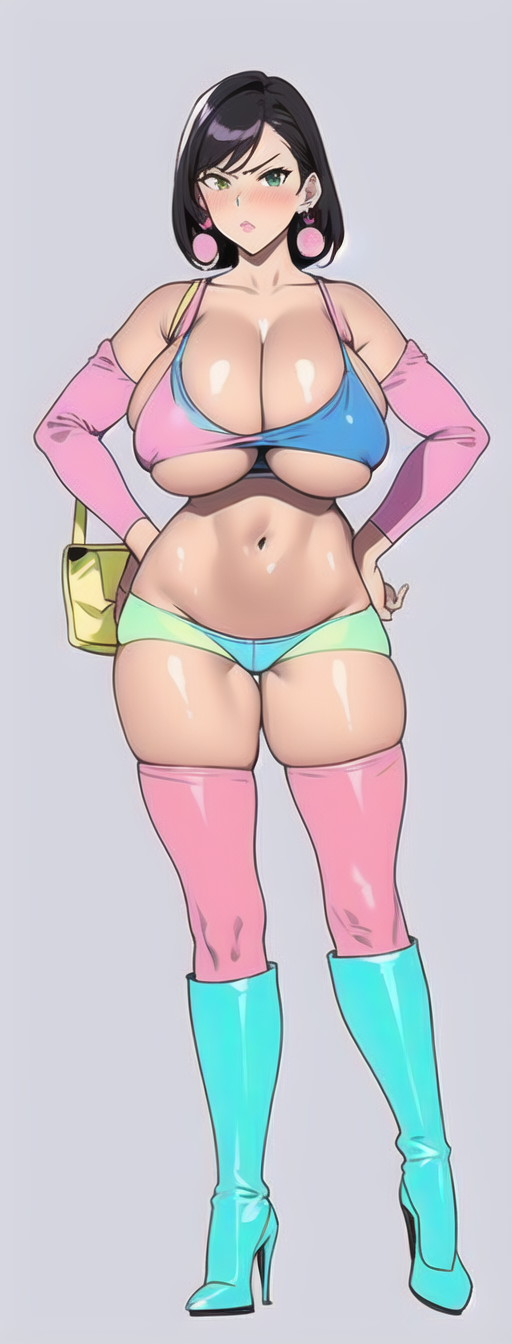 ai_generated annoyed black_hair blue_boots blue_high_heels blue_tank_top curvy curvy_figure earrings green_panties hand_on_hip high_heels huge_breasts looking_at_viewer nai_diffusion pink_earrings pink_sleeves pink_stockings stable_diffusion stripper underboob wide_hips