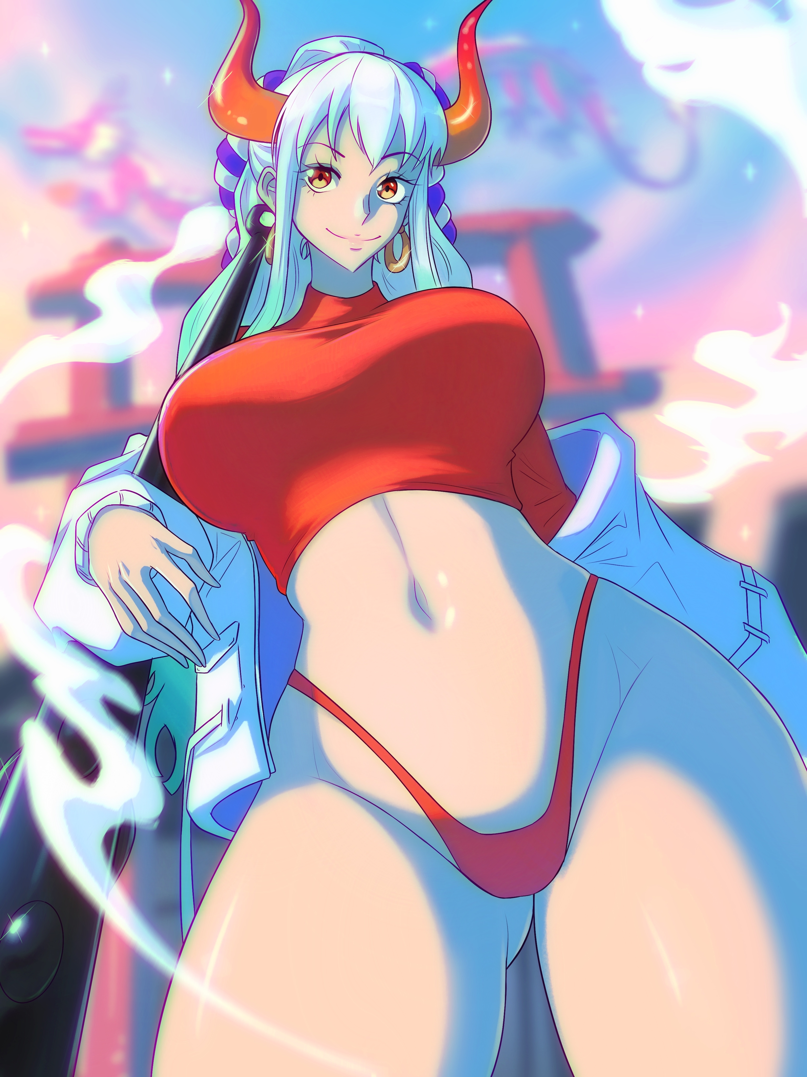 1girls, big breasts, breasts, female, female only, midriff, one piece, opalisart, panties, two-tone hair, white hair, white-haired female, yamato (one piece)