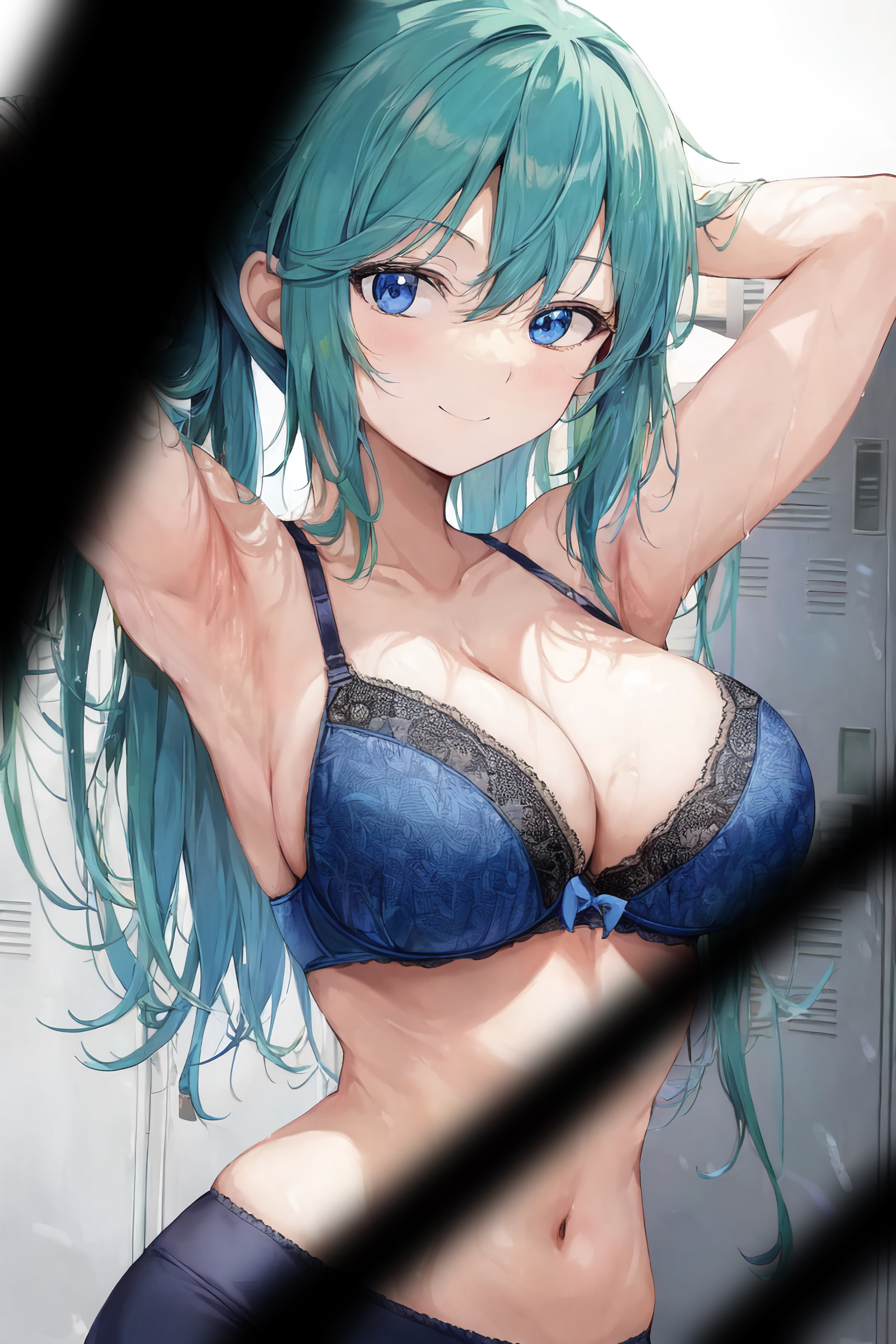 1girls, ai generated, armpits, arms up, blue bra, blue eyes, blush, bow, bow bra, bra, breasts, caught, caught in the act, changing room, cleavage, female, green eyes, hiding, in locker, large breasts, locker, locker room, looking at viewer, nai diffusion, original, peeping, pov, twintails, underwear, undressing