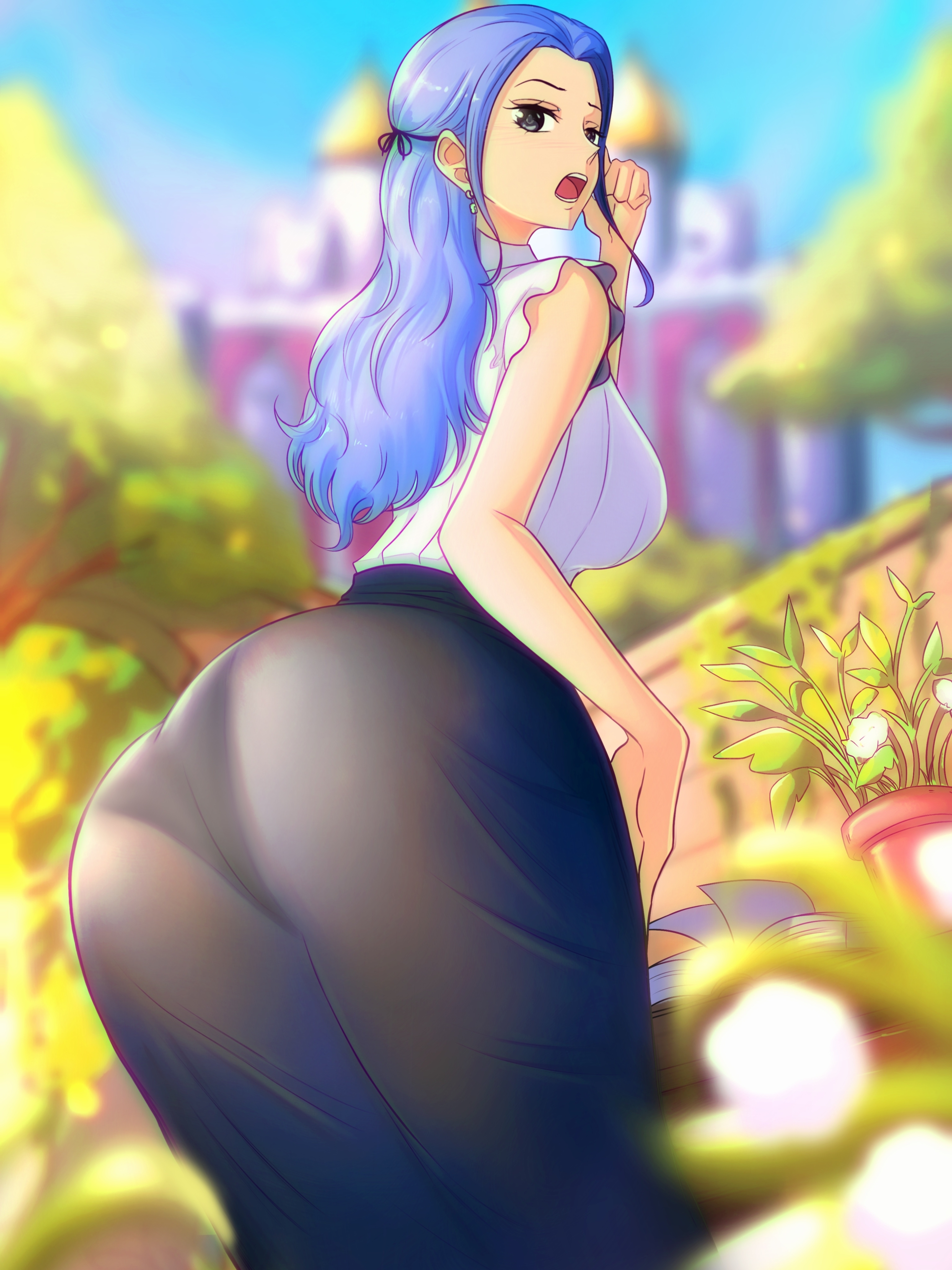 1girls, ass, bending over, blue hair, blue-haired female, female, female only, nefertari vivi, one piece, opalisart, open mouth, see-through clothing