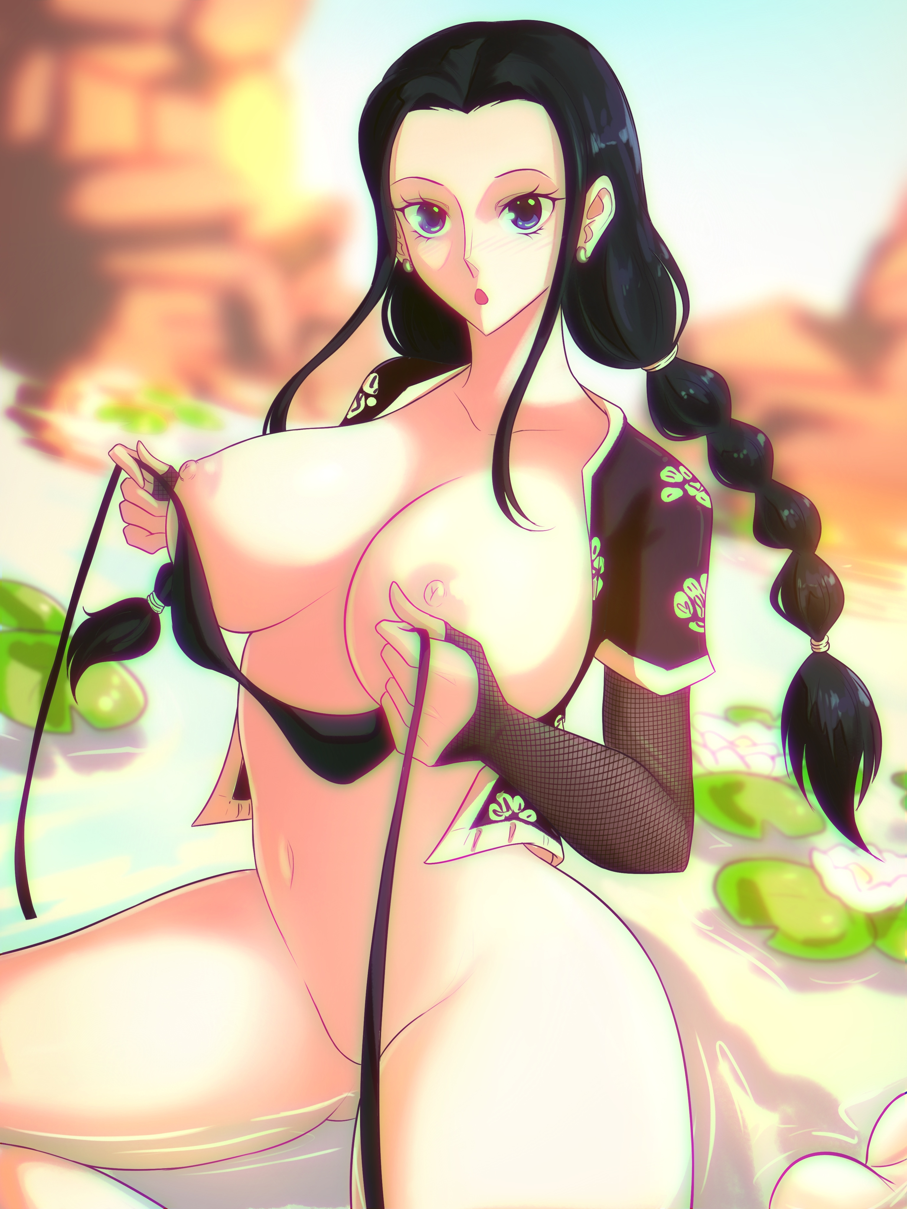 1girls, black hair, black-haired female, female, female only, holding bikini top, nico robin, no panties, one piece, opalisart, post-timeskip, surprised expression, tied hair, water