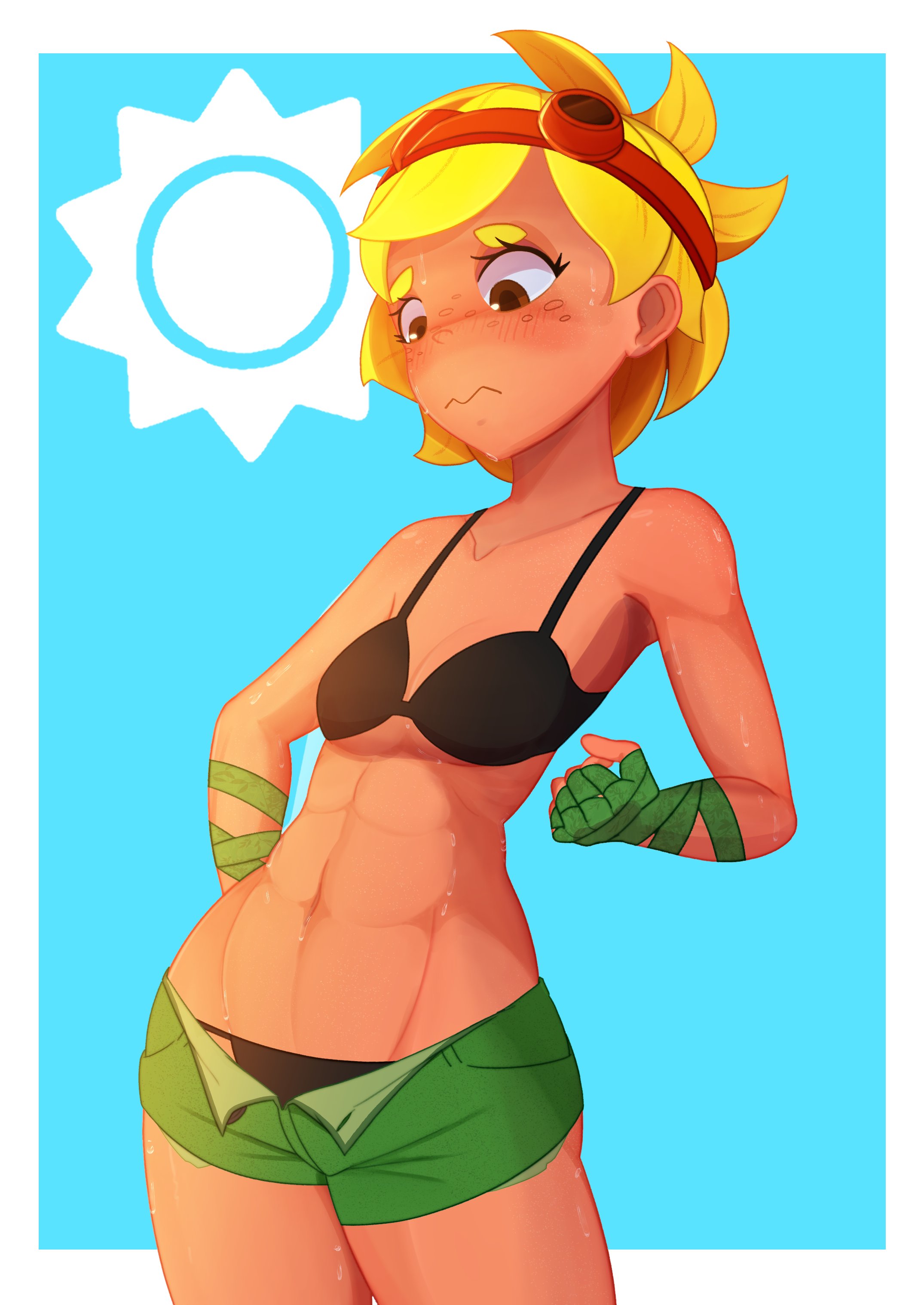 black bra, black topwear, blonde hair, cyannarra, embarrassed, female, flushed, humanized, plants vs zombies, plants vs zombies: heroes, solar flare (peargor), solar flare (pvz), sunflower (pvz), tomboy, worried expression