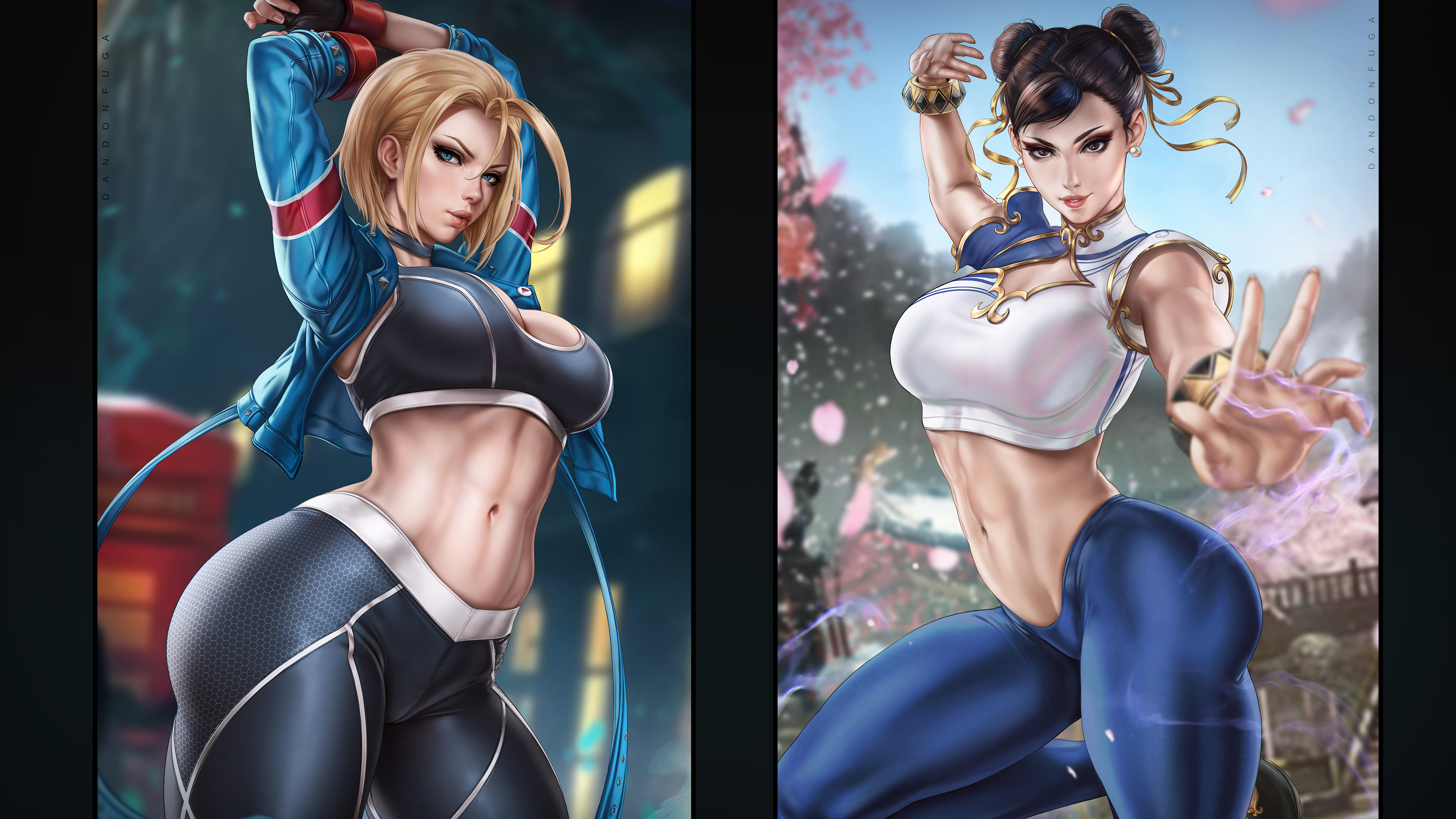2girls, abs, absurd res, absurdres, arched back, arm up, armpit, armpits, arms up, asian, asian female, athletic, athletic female, bangs, big breasts, black clothes, black clothing, black leggings, black pants, black shoes, black sports bra, blonde hair, blouse, blue clothing, blue eyes, blue pants, bracelet, bracelets, breasts, british, british female, brown eyes, brown hair, busty, cammy stretch, cammy white, capcom, cherry blossoms, child bearing hips, chinese clothes, chinese clothing, chun-li, cleavage, clothed, clothed female, clothing, curvaceous, curvy, curvy figure, dandon fuga, earrings, facial scar, female, female focus, female only, hair bun, hair buns, high resolution, highres, hips, large breasts, large filesize, leggings, light skin, light-skinned female, looking at viewer, midriff, navel, one leg raised, one leg up, pants, posing, scar, scar on face, shaved armpit, shoes, short hair, shoulder length hair, sports bra, standing, standing on one leg, stomach, street fighter, street fighter 6, stretching, thick, thick female, thick thighs, thighs, thunder thighs, very high resolution, voluptuous, voluptuous female, white blouse, white clothing
