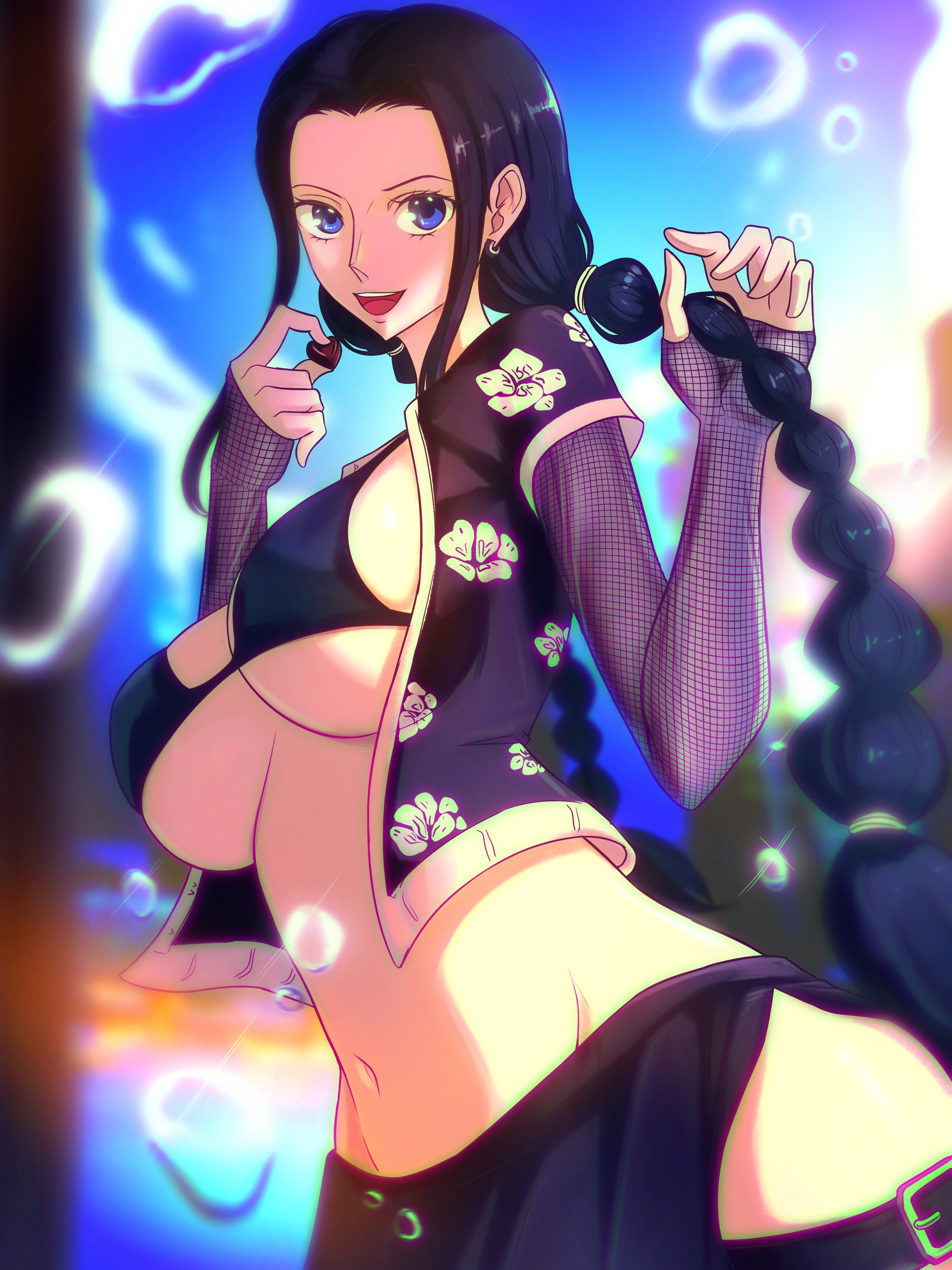 1girls, bikini top, black hair, black-haired female, braided ponytail, female, female only, midriff, nico robin, one piece, opalisart, ponytail, post-timeskip, tied hair