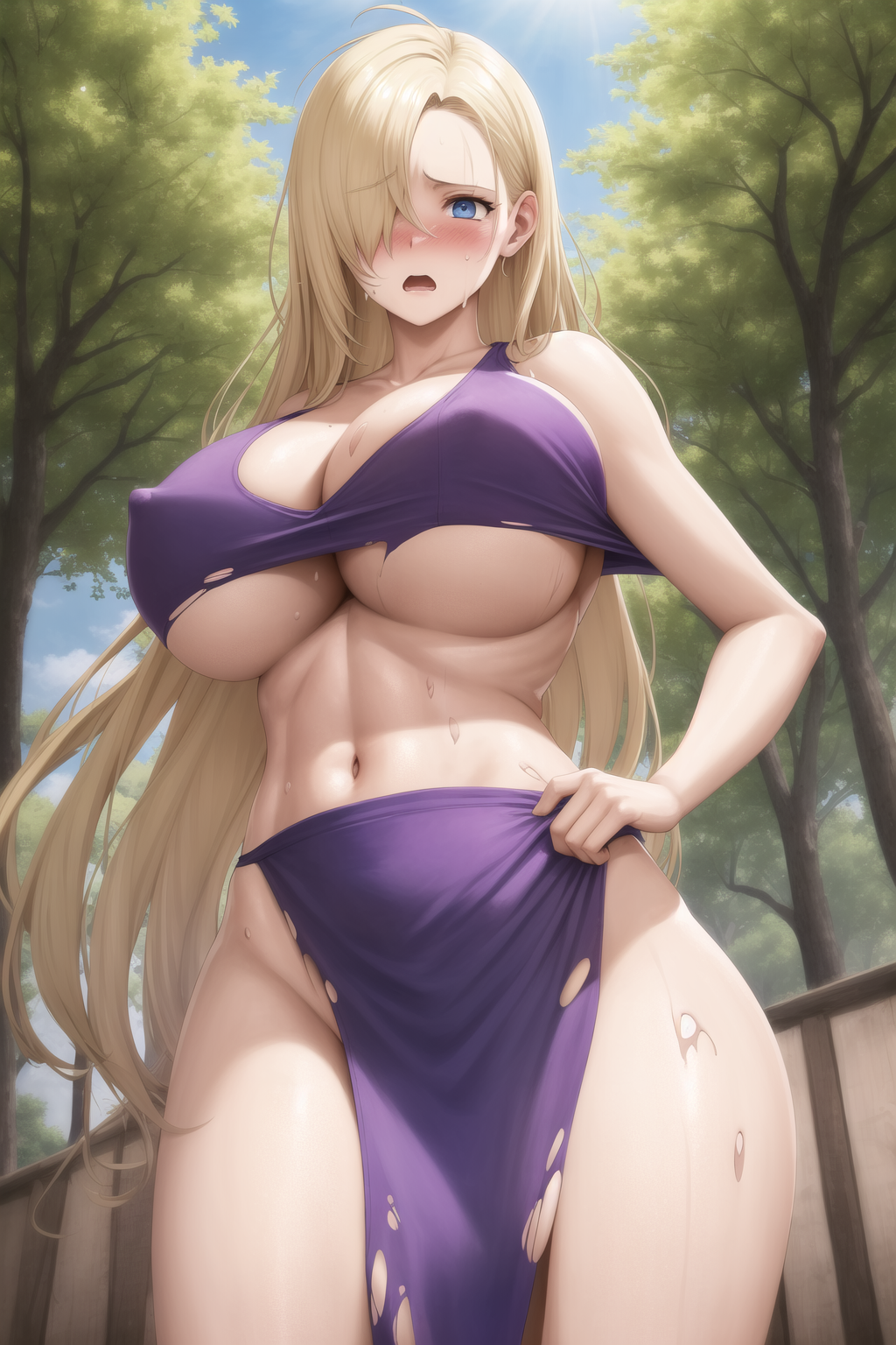 1girls, ai generated, barely clothed, big breasts, blonde hair, blue eyes, breast growth, breasts, breasts bigger than head, crop top, destroyed clothing, dress, embarrassed, female, female only, growth, hair down, hair over one eye, hourglass figure, huge breasts, ino yamanaka, long hair, loose hair, midriff, mostly nude, nai diffusion, naruto, naruto (series), naruto shippuden, naruto: the last, no bra, no panties, outdoors, ripped clothing, solo, solo focus, stable diffusion, sweat, sweatdrop, underboob, very long hair, voluptuous, wardrobe malfunction